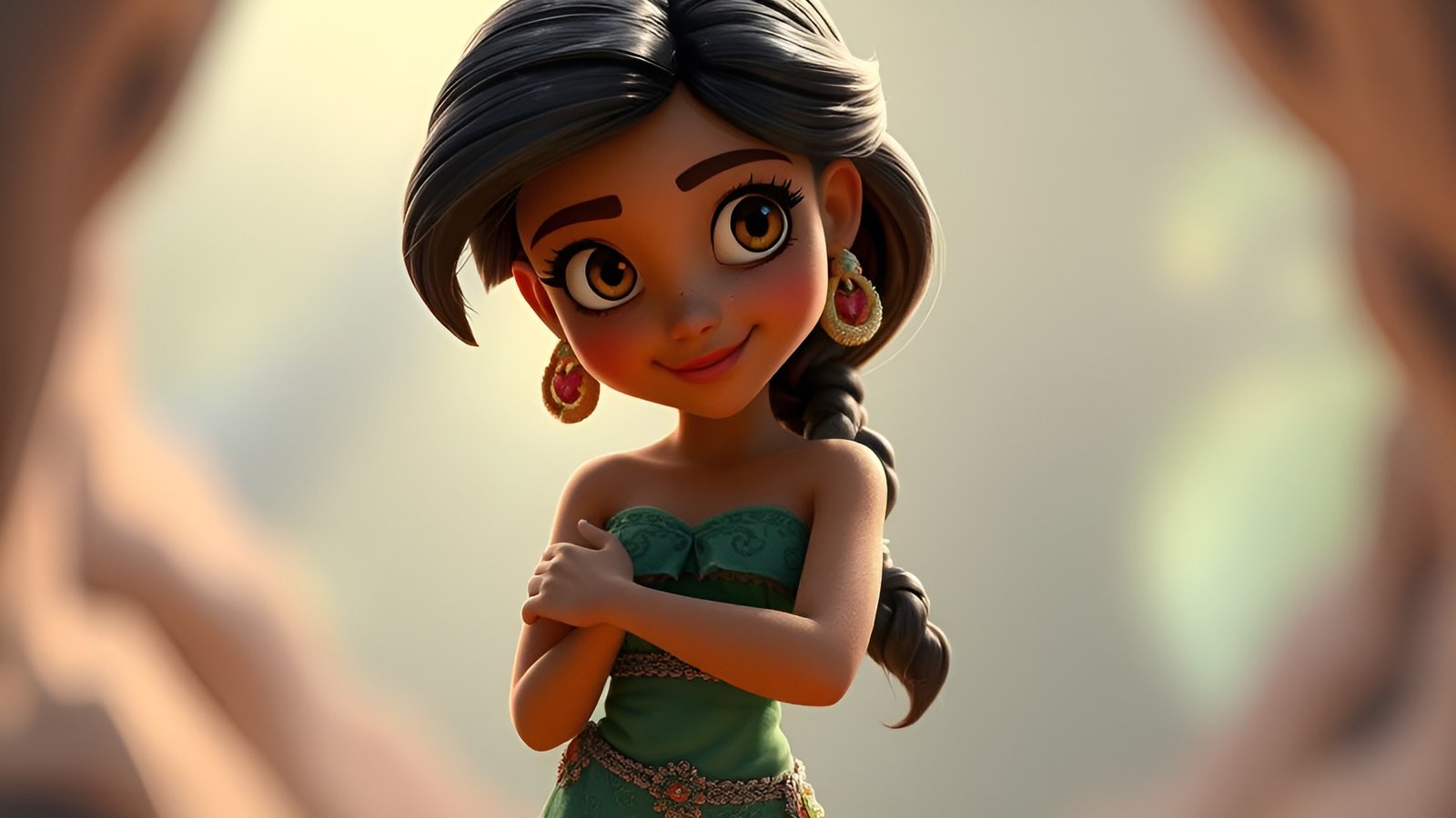 3D cartoon girl in green dress smiling with arms crossed