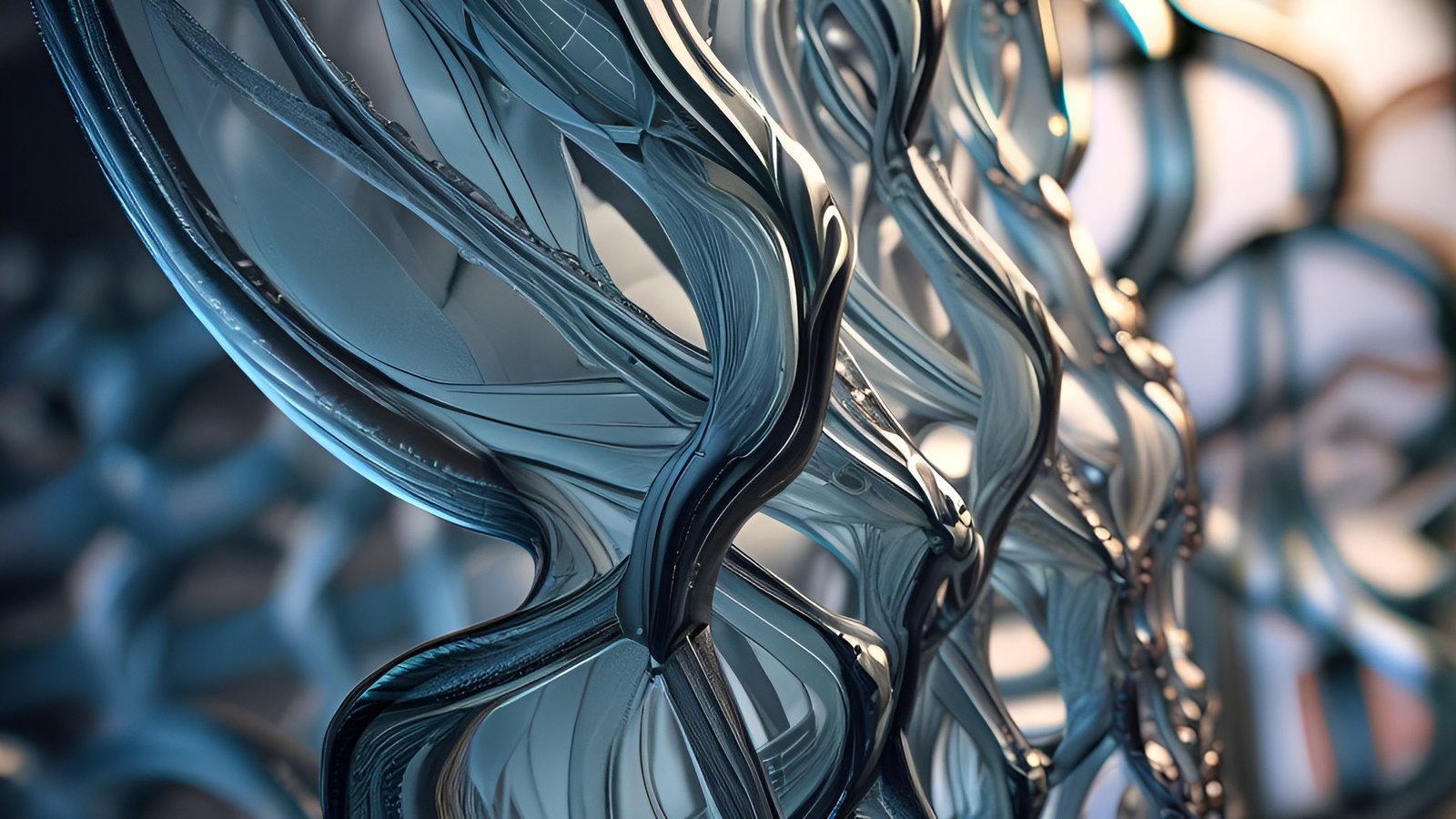 Abstract art with blue glass webbing and shiny curves