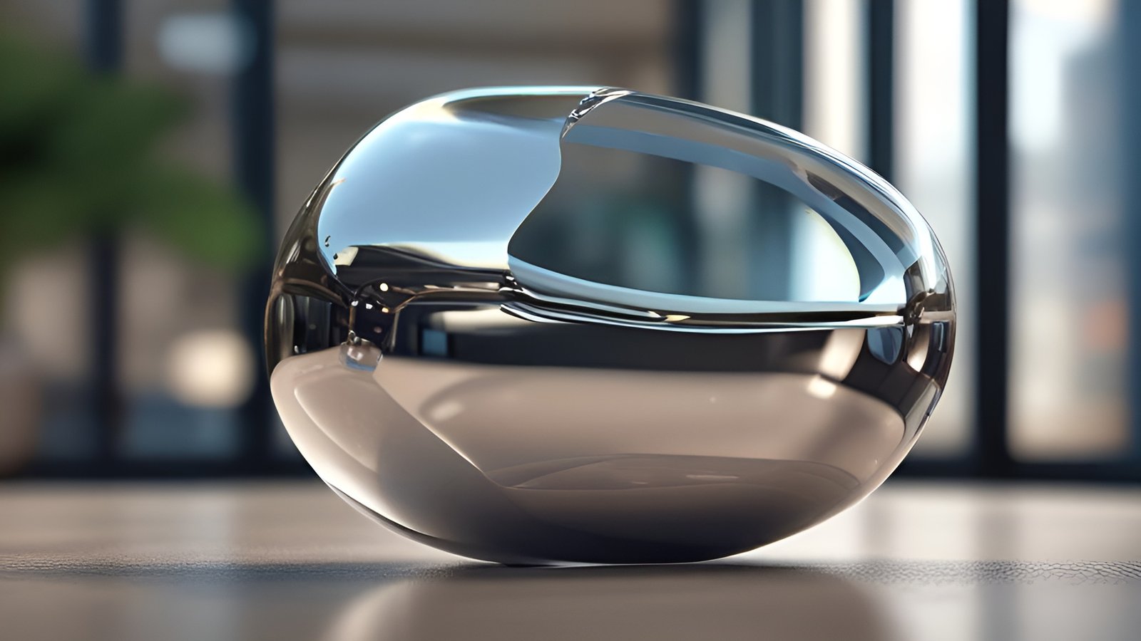Abstract art chrome egg sculpture in window light