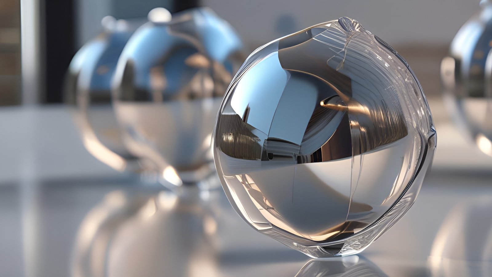 Abstract art with chrome glass orbs in a row on a table
