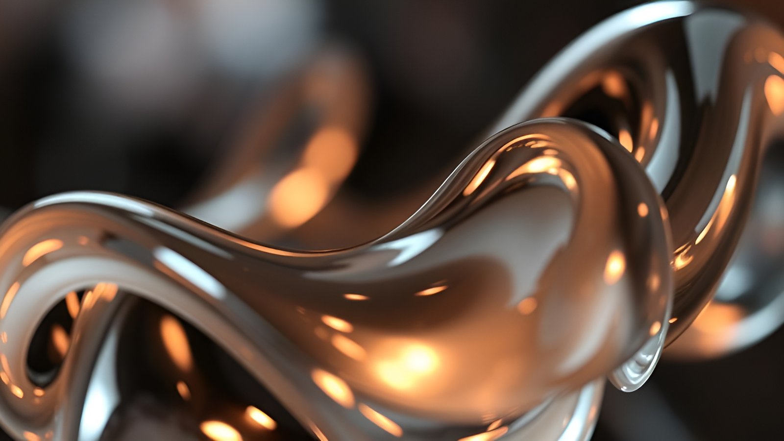 Abstract art with chrome liquid curves and copper light reflections