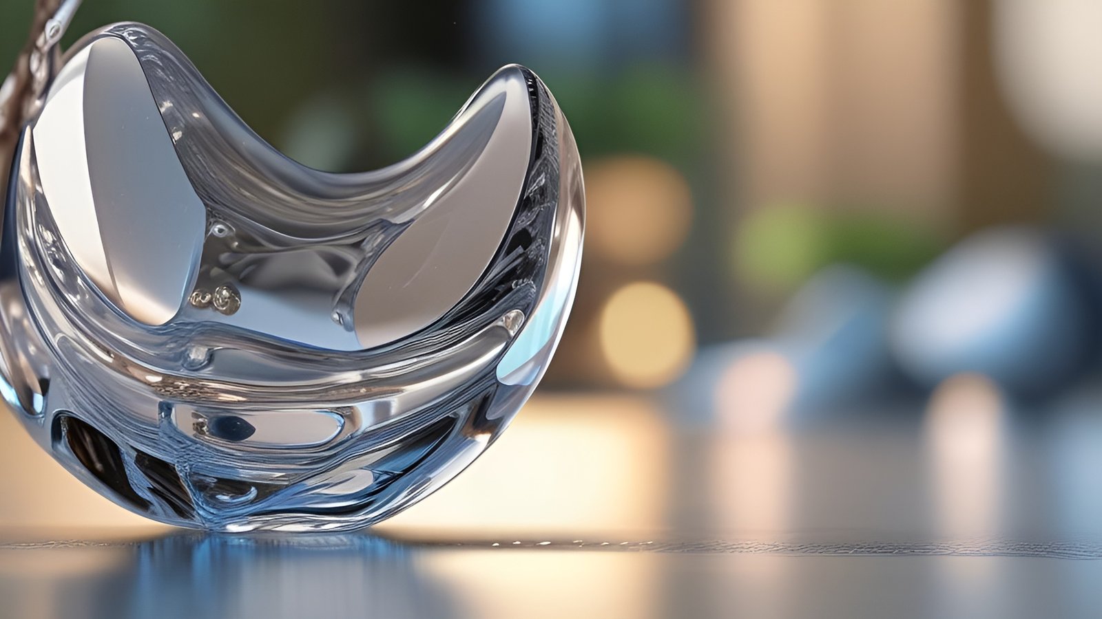 Abstract art with a clear glass crescent on a table with bokeh