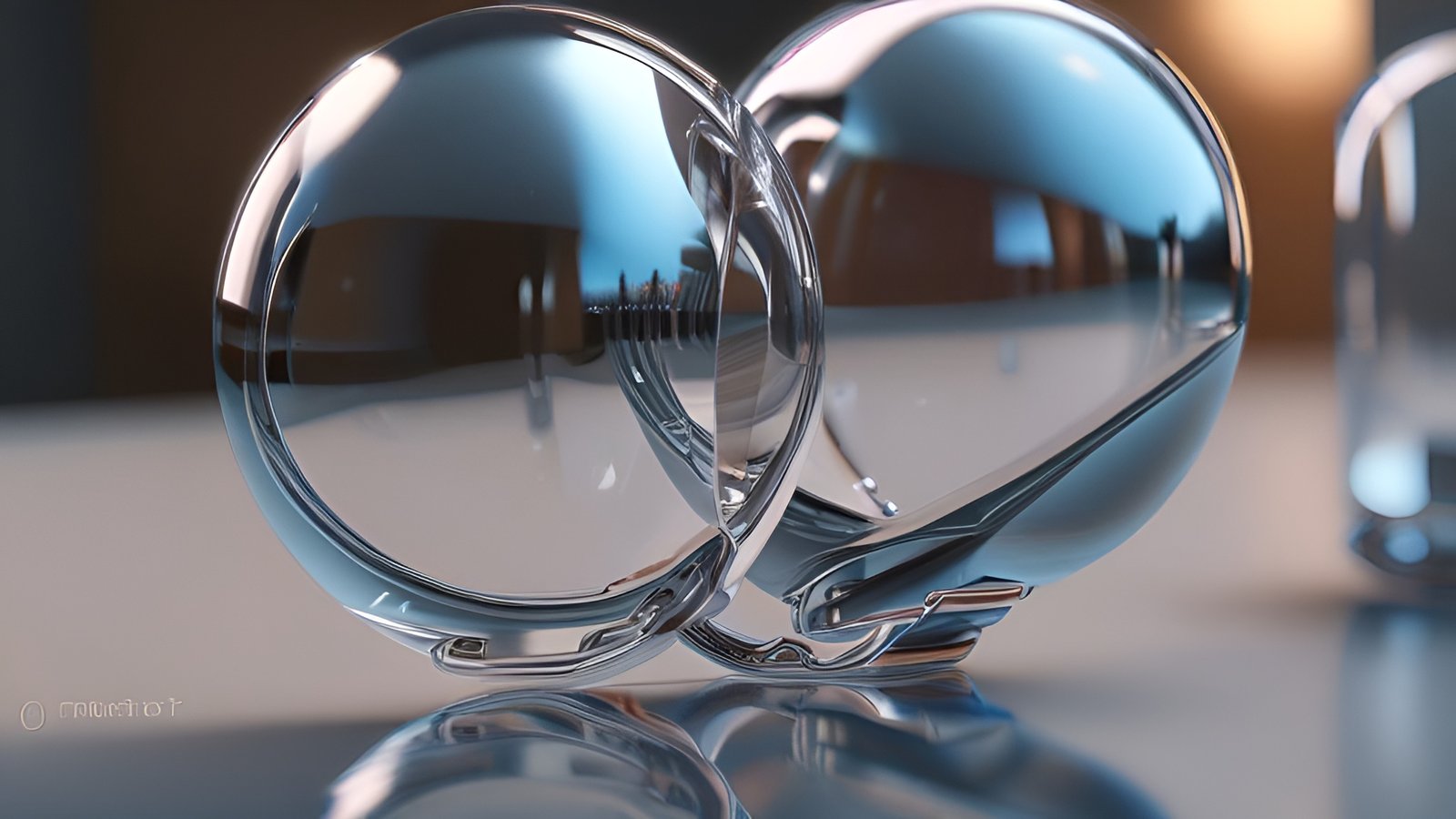 Abstract art with clear glass orbs on a table with reflections