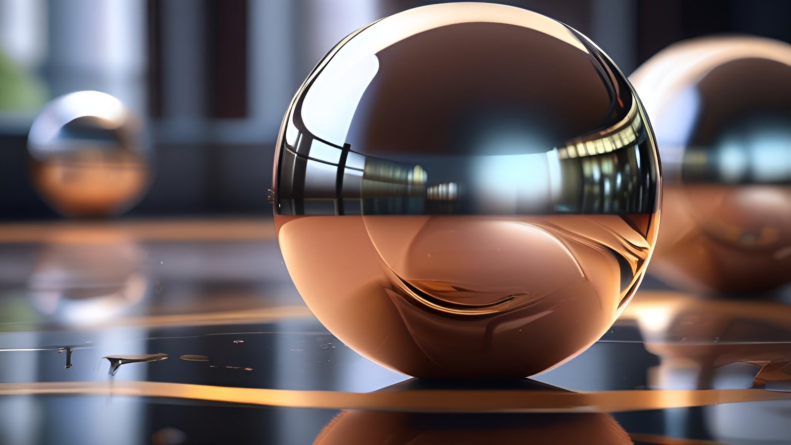 Abstract art copper chrome sphere on a black table