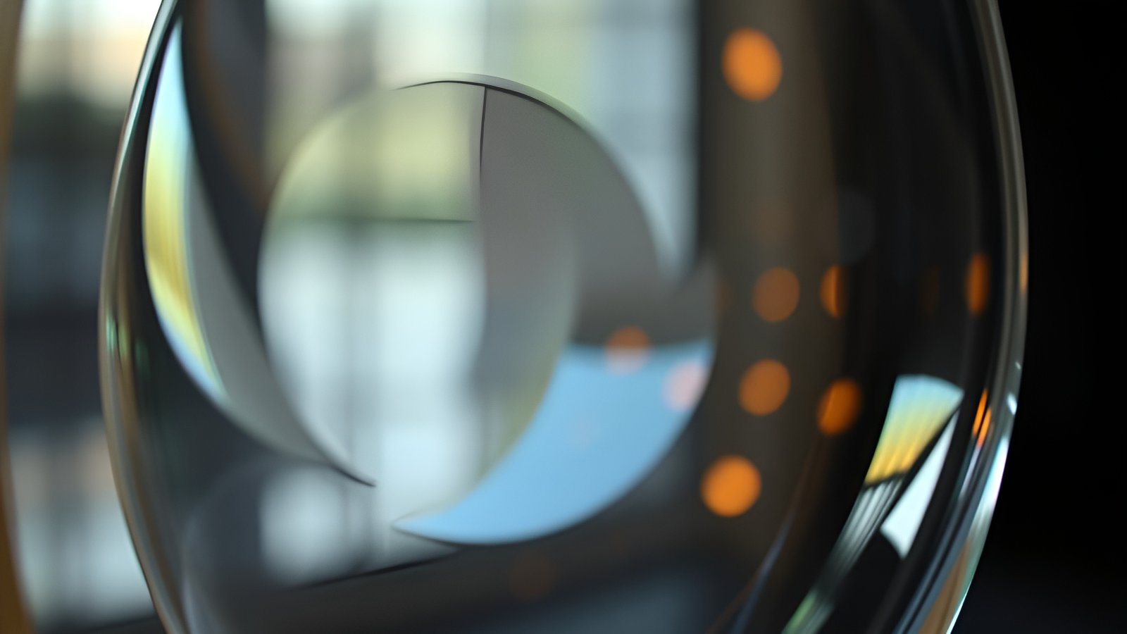 Abstract art with a glass circle, orange dots, and window light