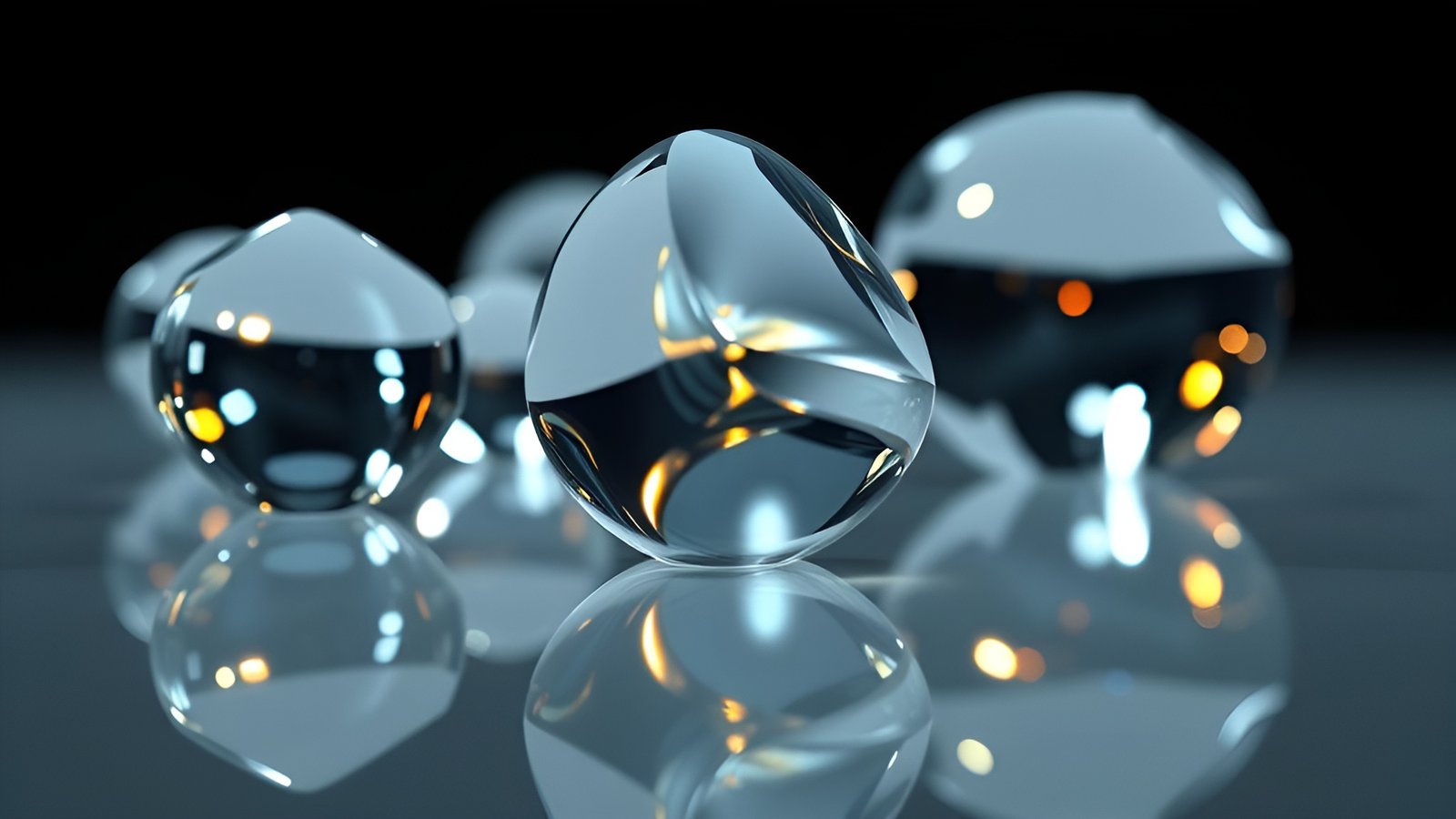 Abstract art glass orbs on a black table with reflections