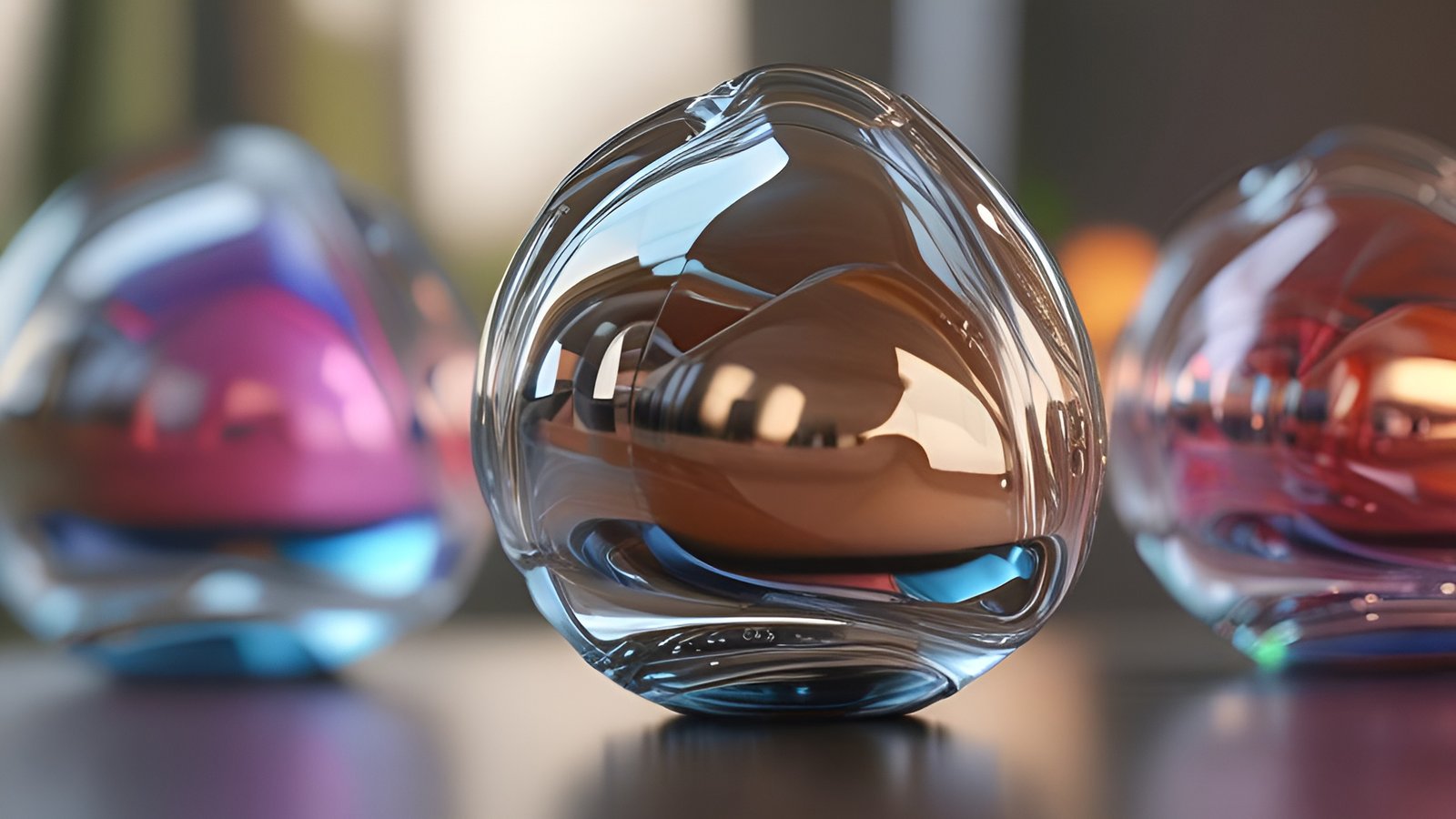 Abstract art with glass orbs in blue and pink reflections on a table