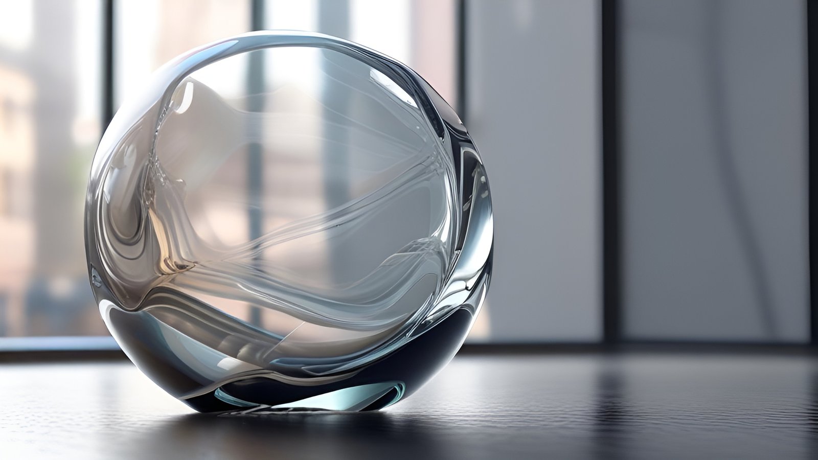 Abstract art glass sphere on a table by a window with reflections