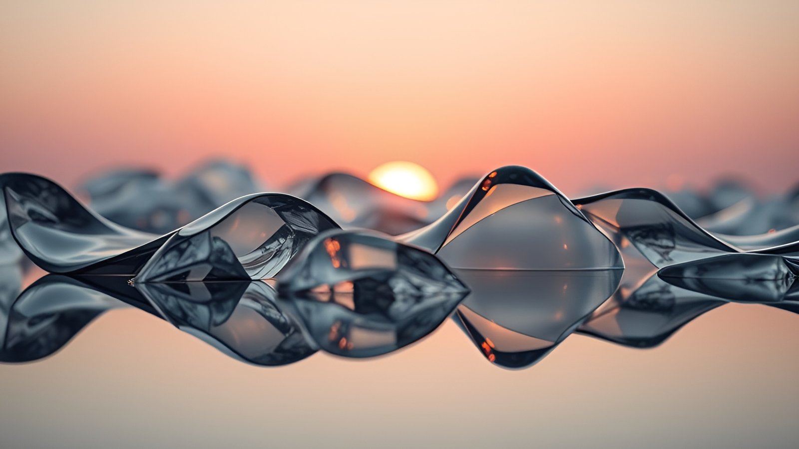 Abstract glass wave formations reflecting sunset with pink sky and orange sun