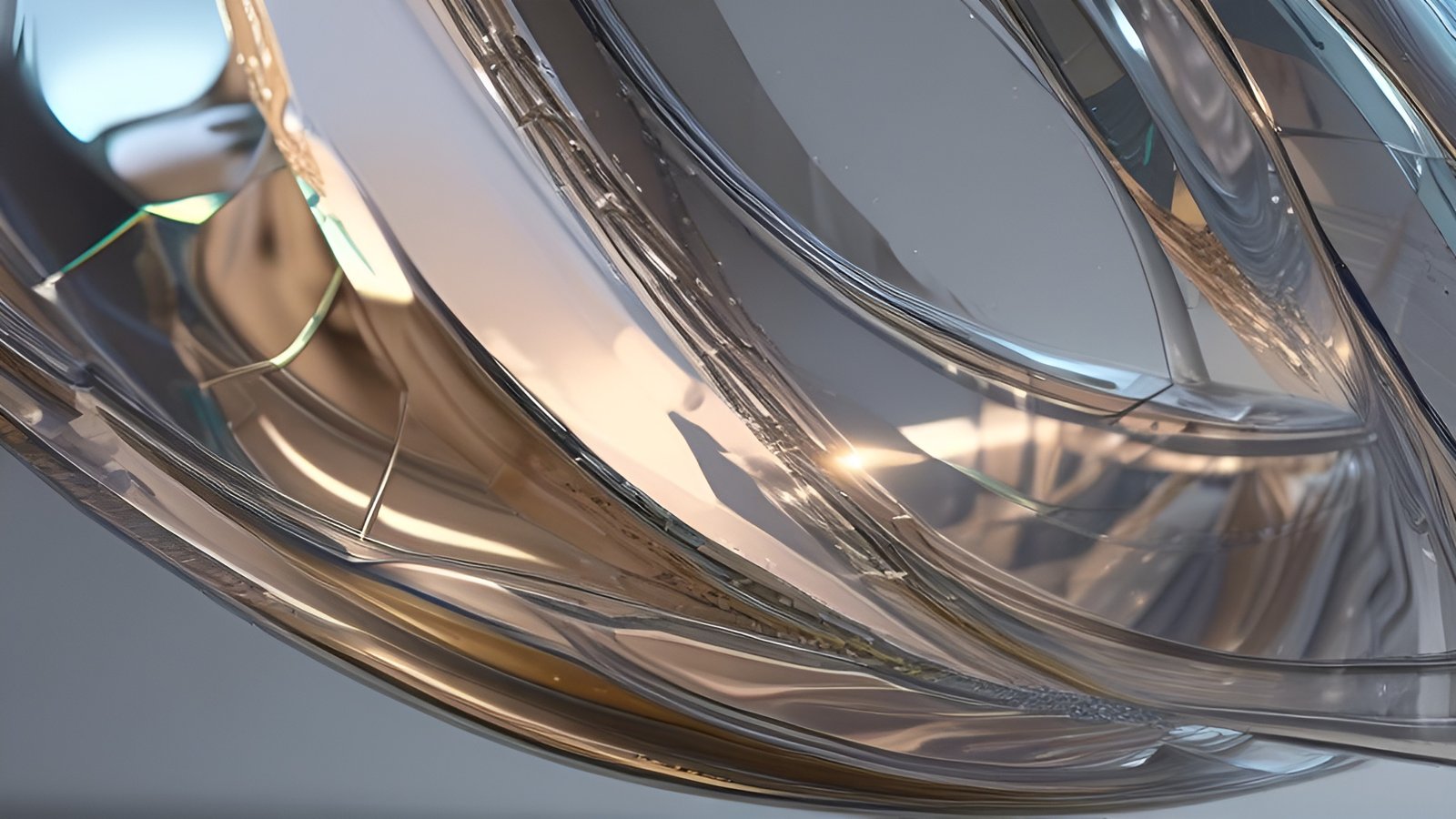 Abstract art of golden curved glass waves with reflections on gray background