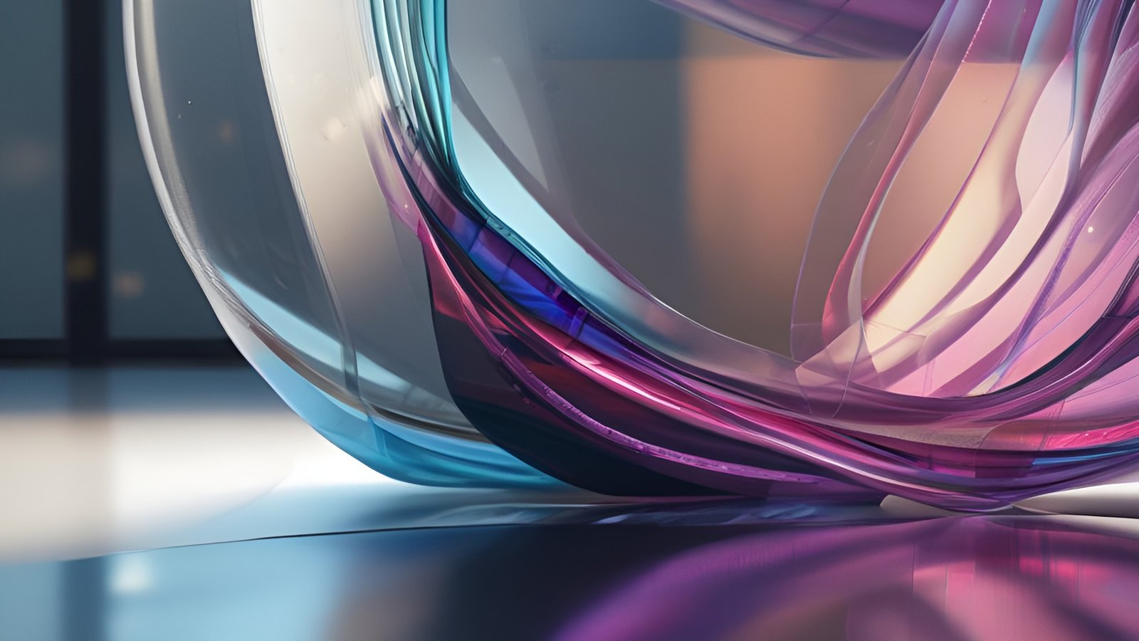 Abstract art with pink and teal glass ribbons on a shining floor