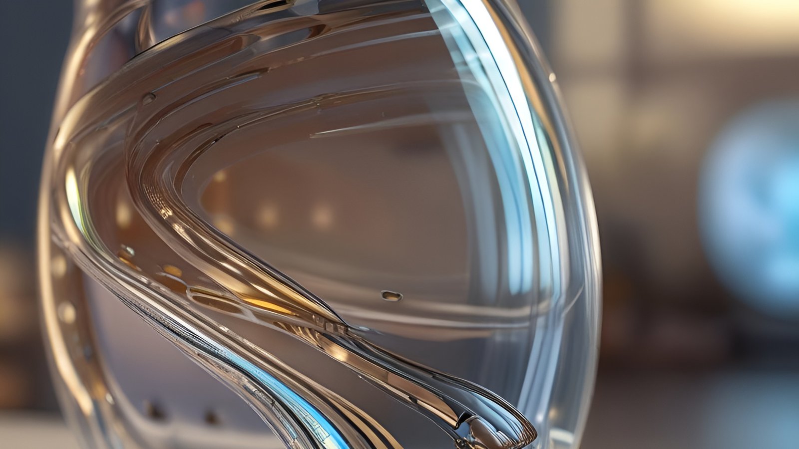 Abstract art close-up of a swirled glass vase with warm reflections