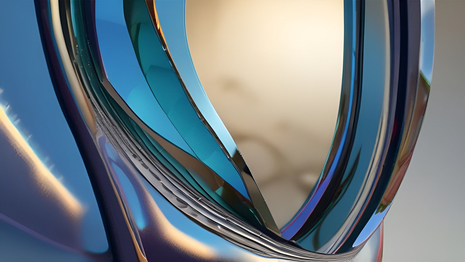 Abstract art with teal chrome curves and gold light