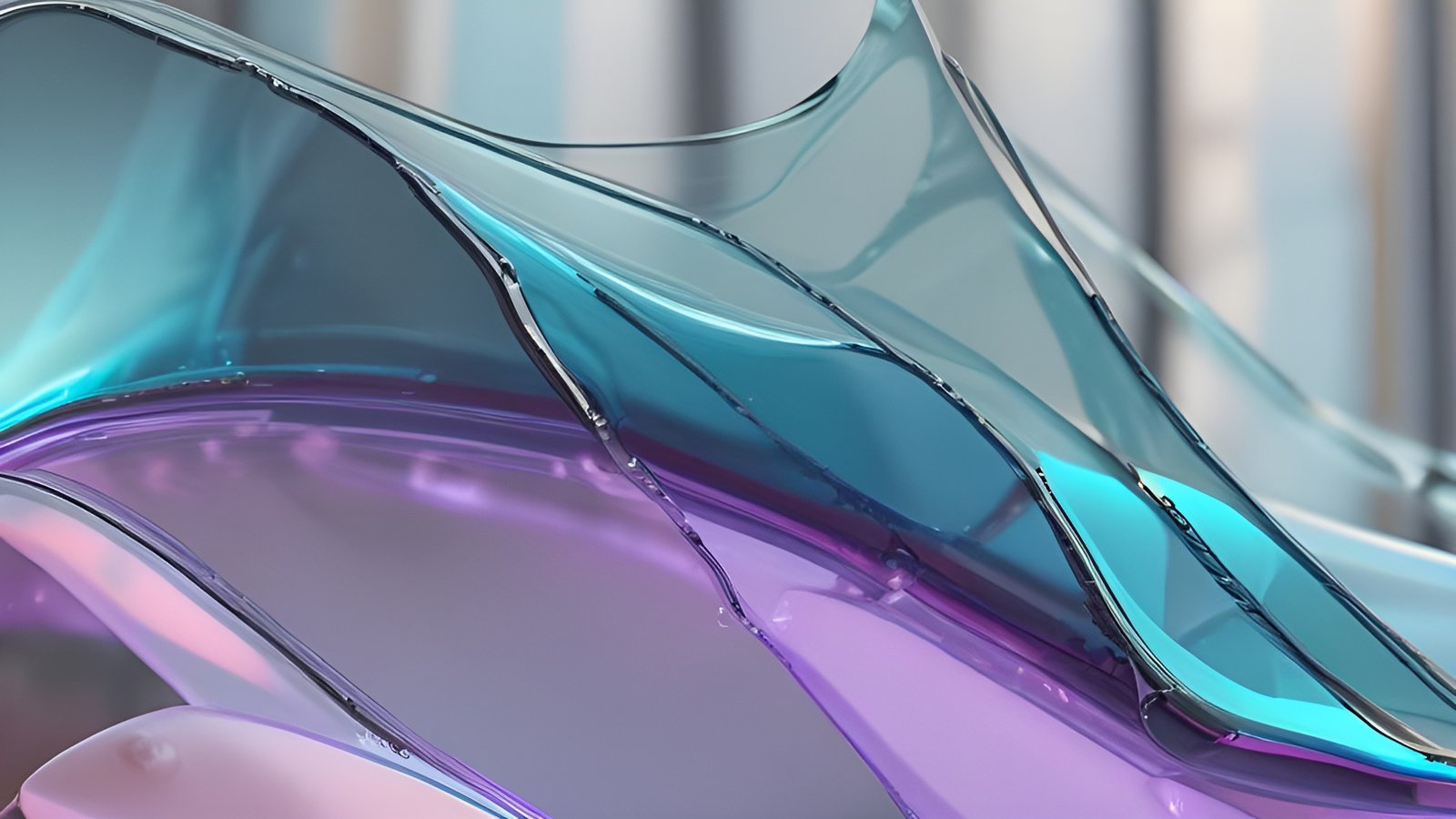 Abstract art with teal and purple glass sheets in soft curves