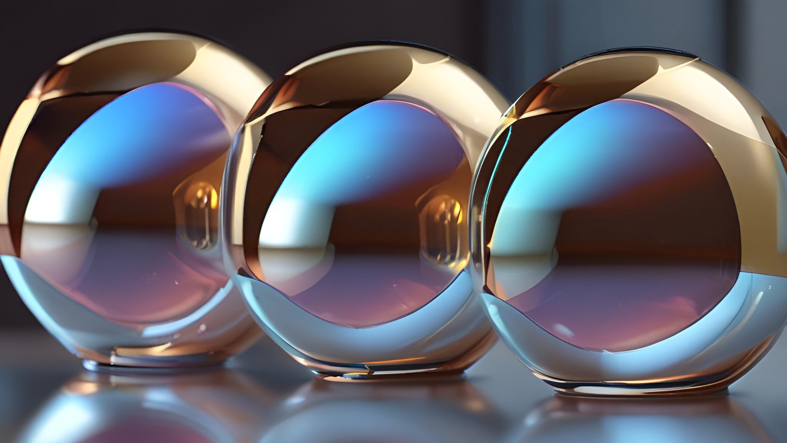 Abstract art with three glass orbs in blue and gold