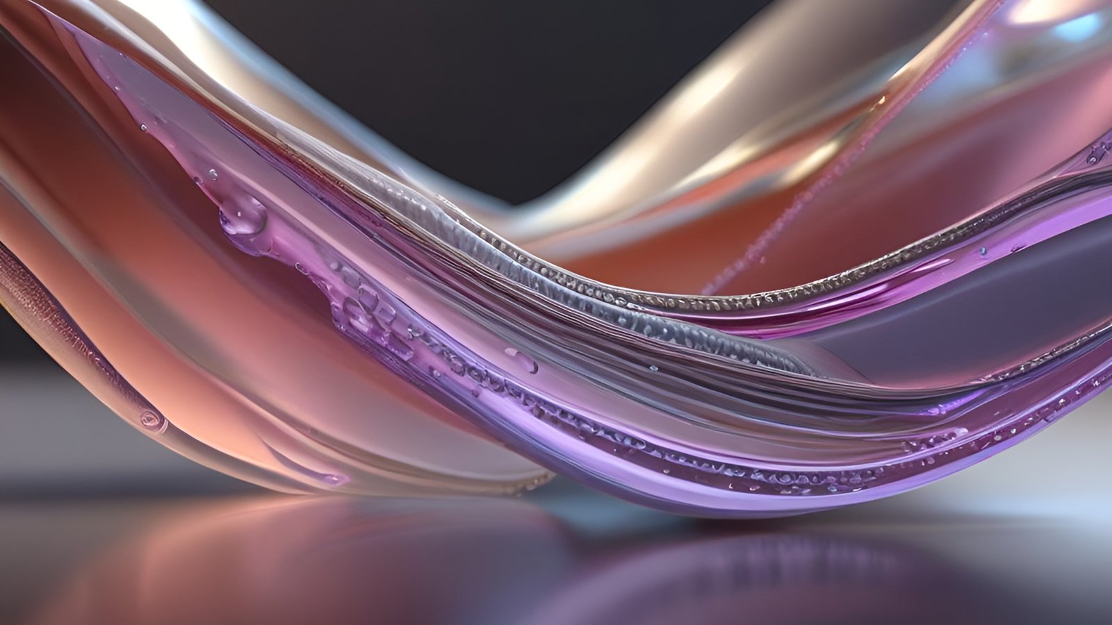 Abstract art with a translucent glass wave in purple and pink with droplets on a reflective base