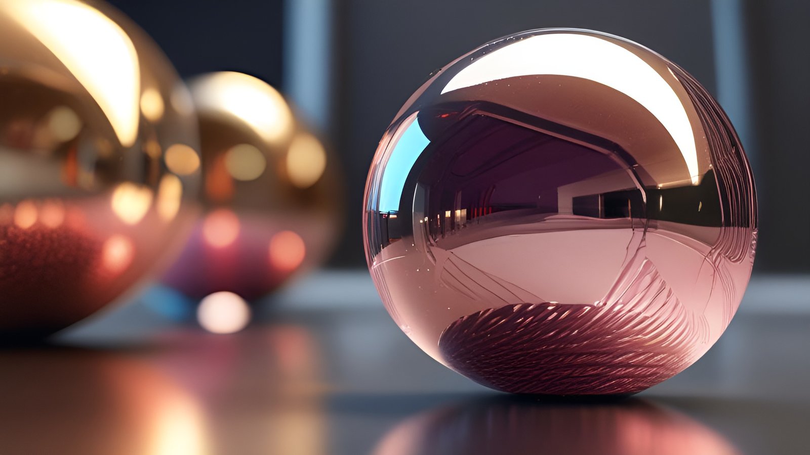 Abstract art of pink and gold metallic spheres with reflections on dark background