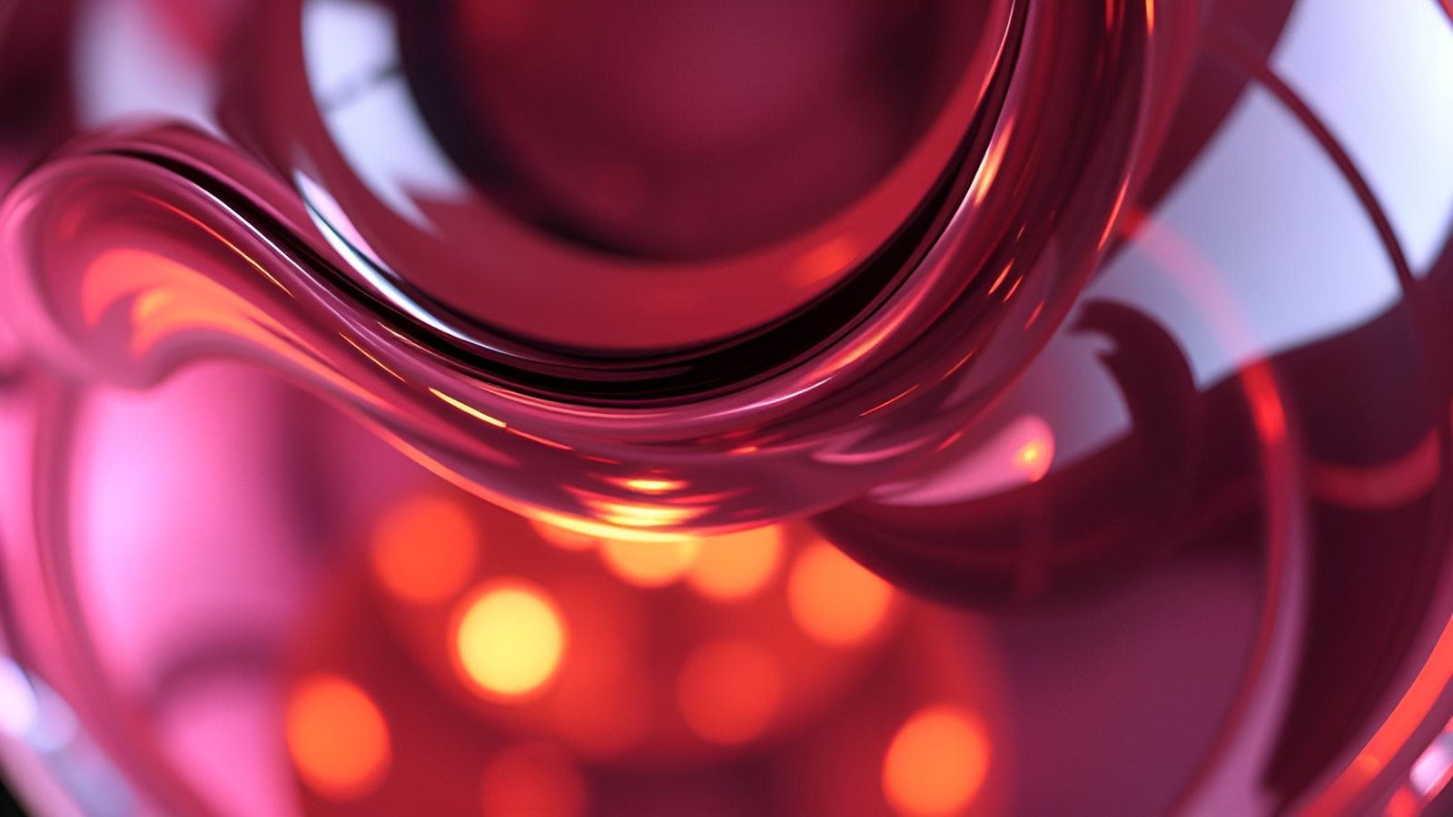 Abstract red glossy curved shapes with orange lights and bokeh effects