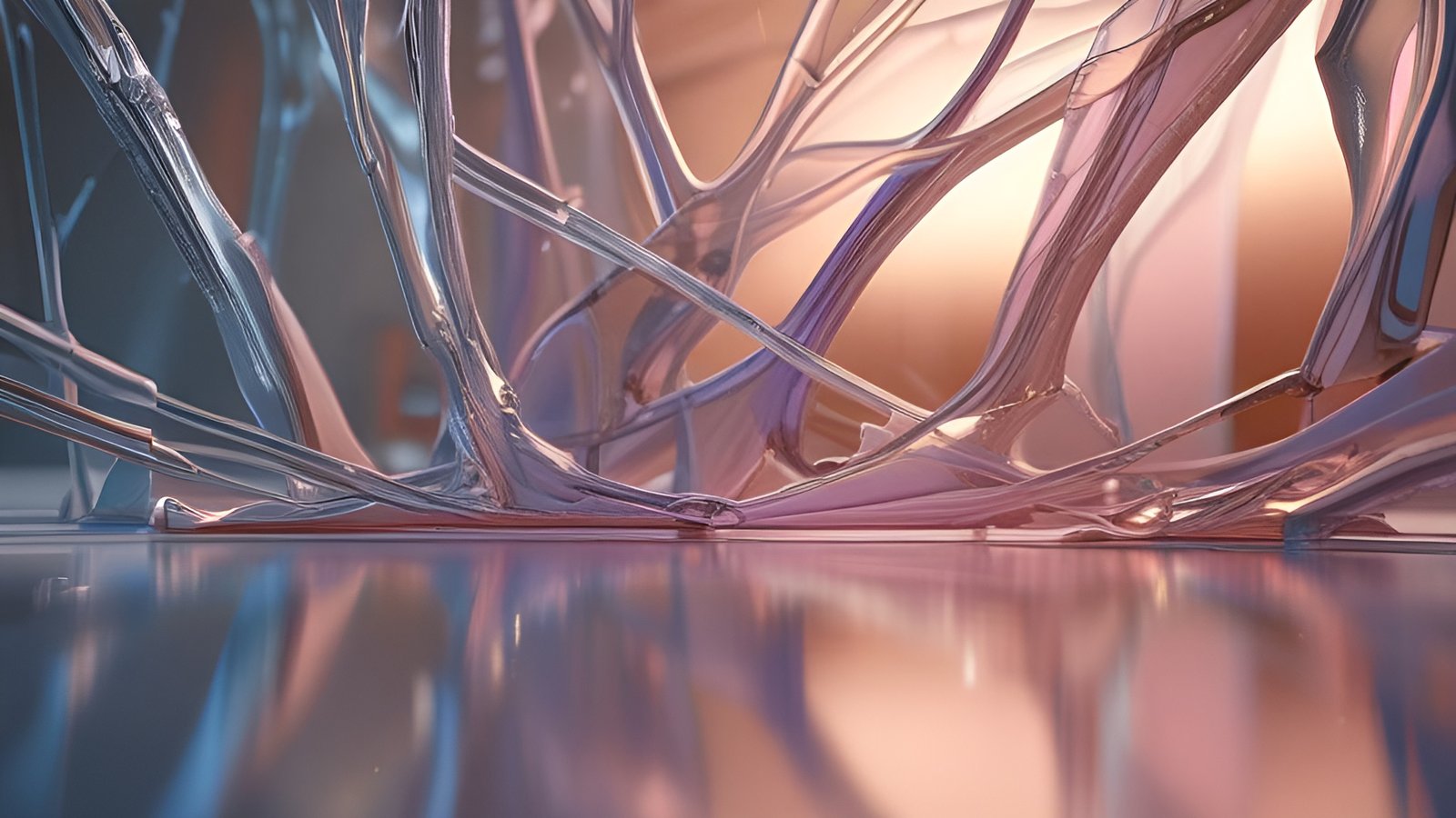Abstract tendrils in glass like structures with pink and blue hues on reflective surface