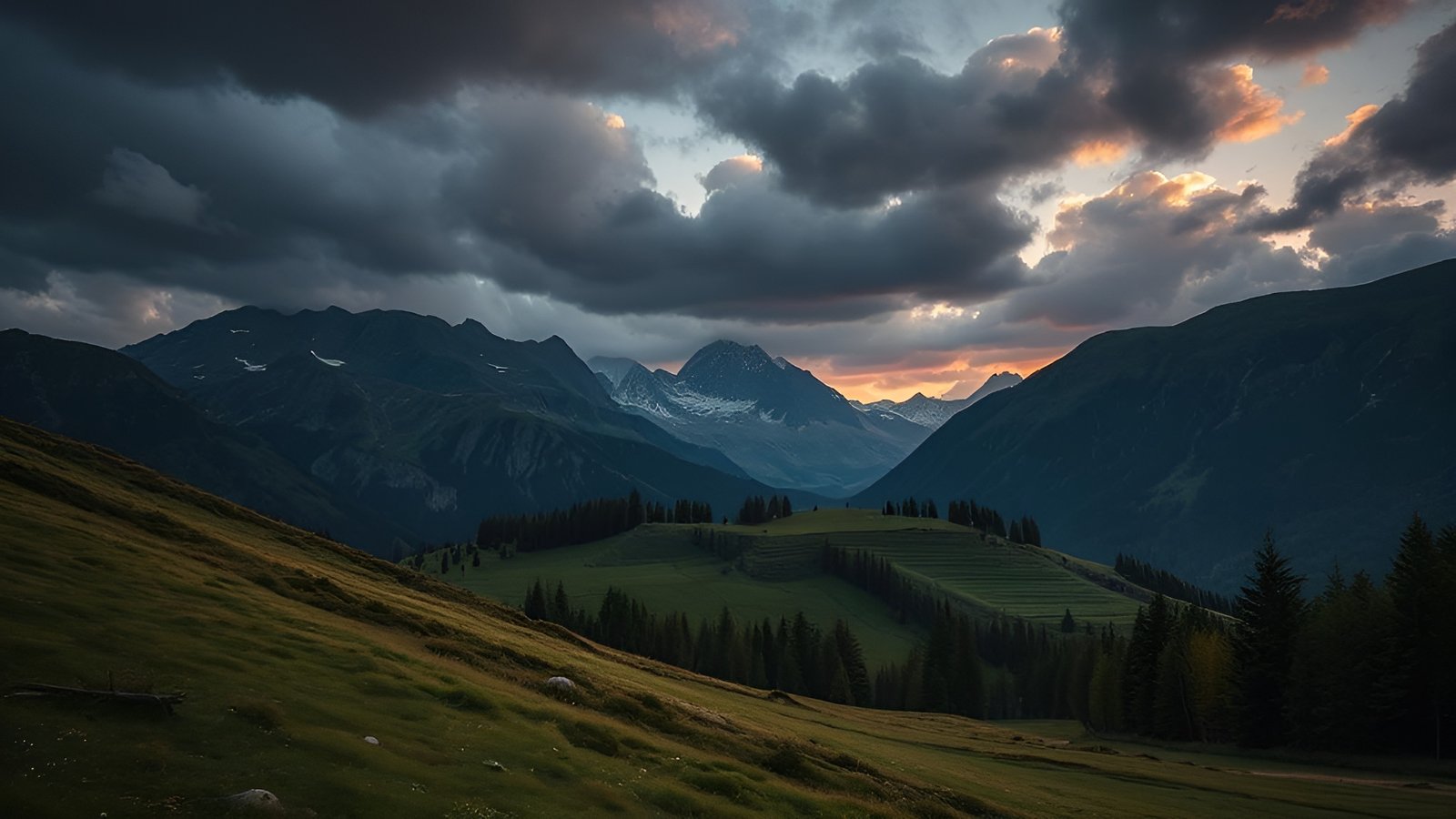 A nature photograph of an alpine meadow with pine trees and snow peaks