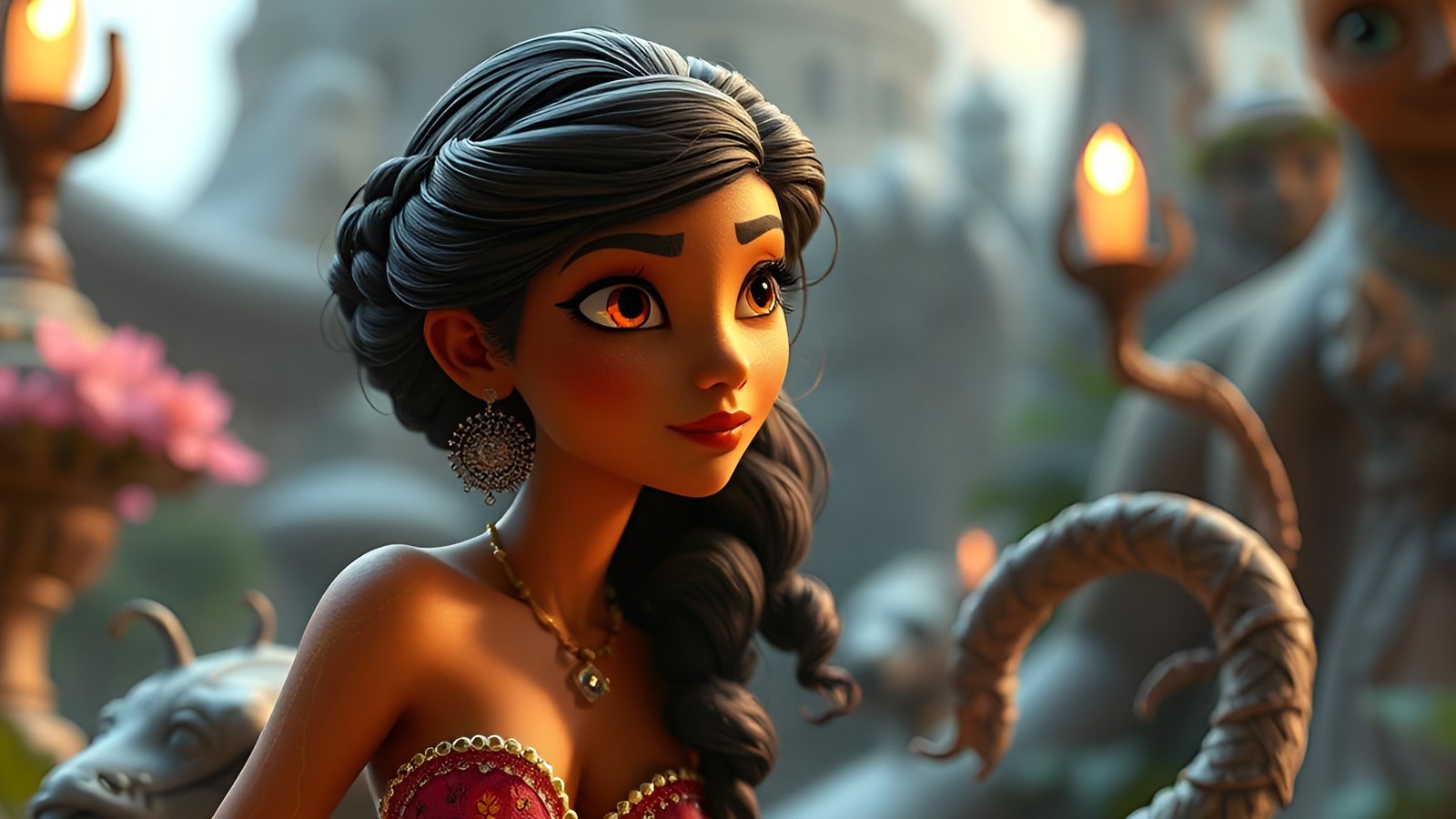 An animated princess figure among statues and flowers in a cartoon style