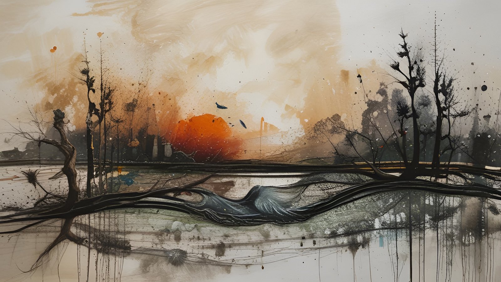 A watercolor painting style of bare trees and a fallen trunk over marsh water with an orange sun blot, tan sky wash, and black ink spatters
