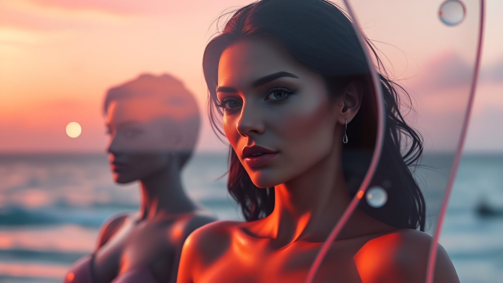 Profile of woman at beach with another figure in background at sunset over ocean