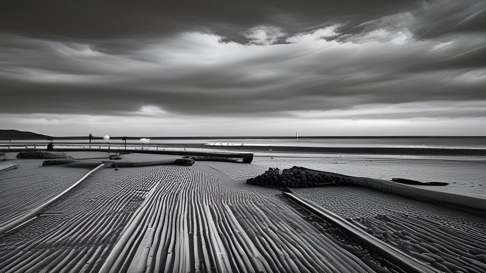 A nature photograph in black and white of a beach with ribbed wet sand, a rock groyne, and a distant sailboat under a gray cloud sky