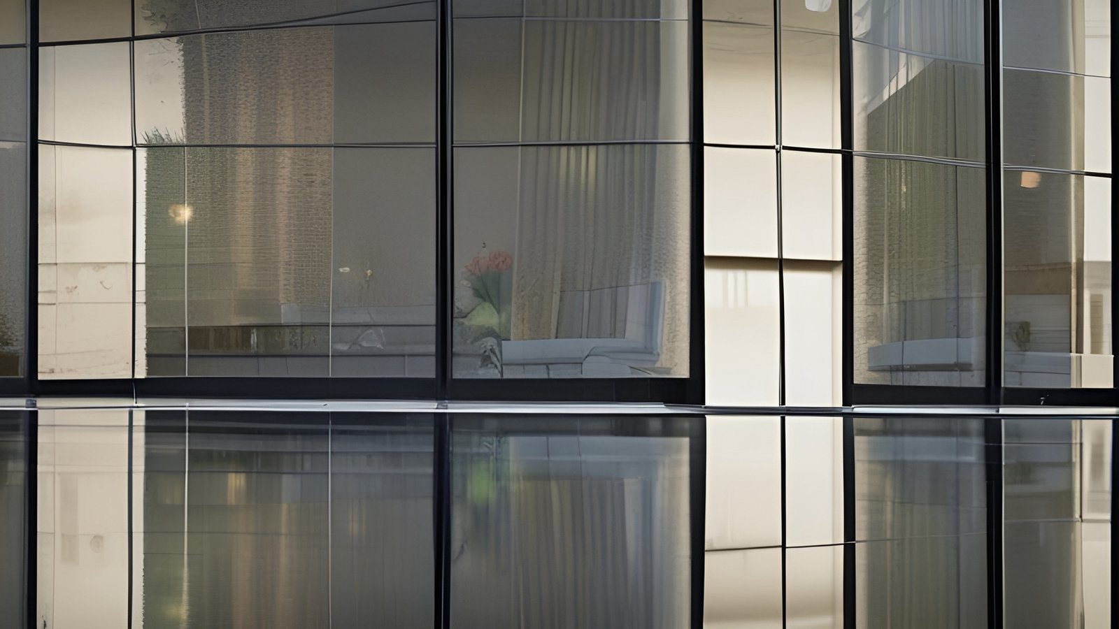 A realistic photo of a black-framed glass curtain wall of an office lobby with a sofa and pink flowers inside and wet pavement mirroring the panes