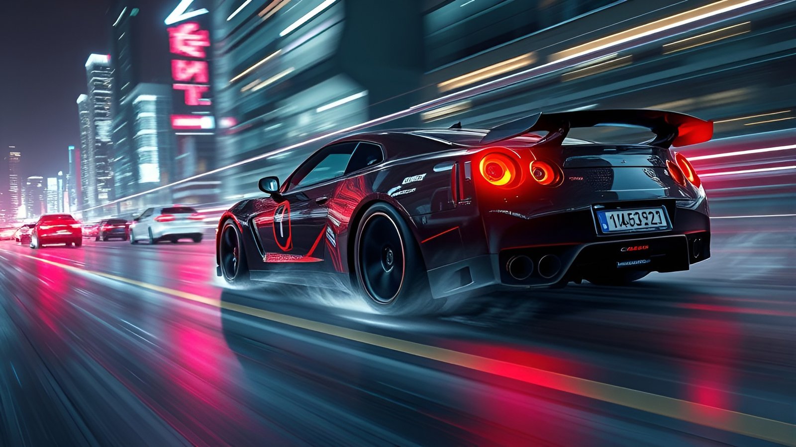 A 3d poster art black gtr on a night city street with neon red lights
