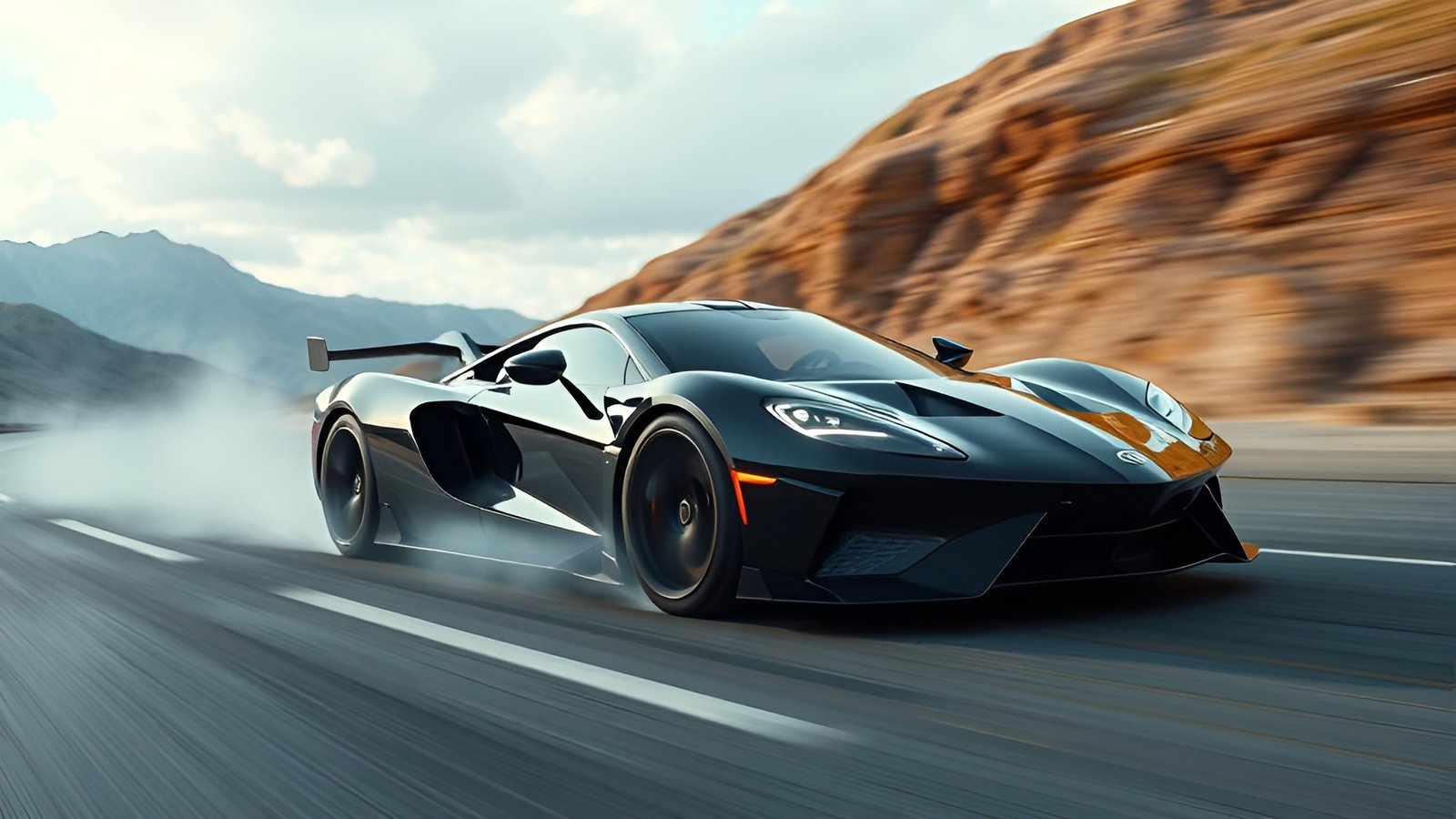 A 3d poster art black supercar on a canyon road with tire smoke