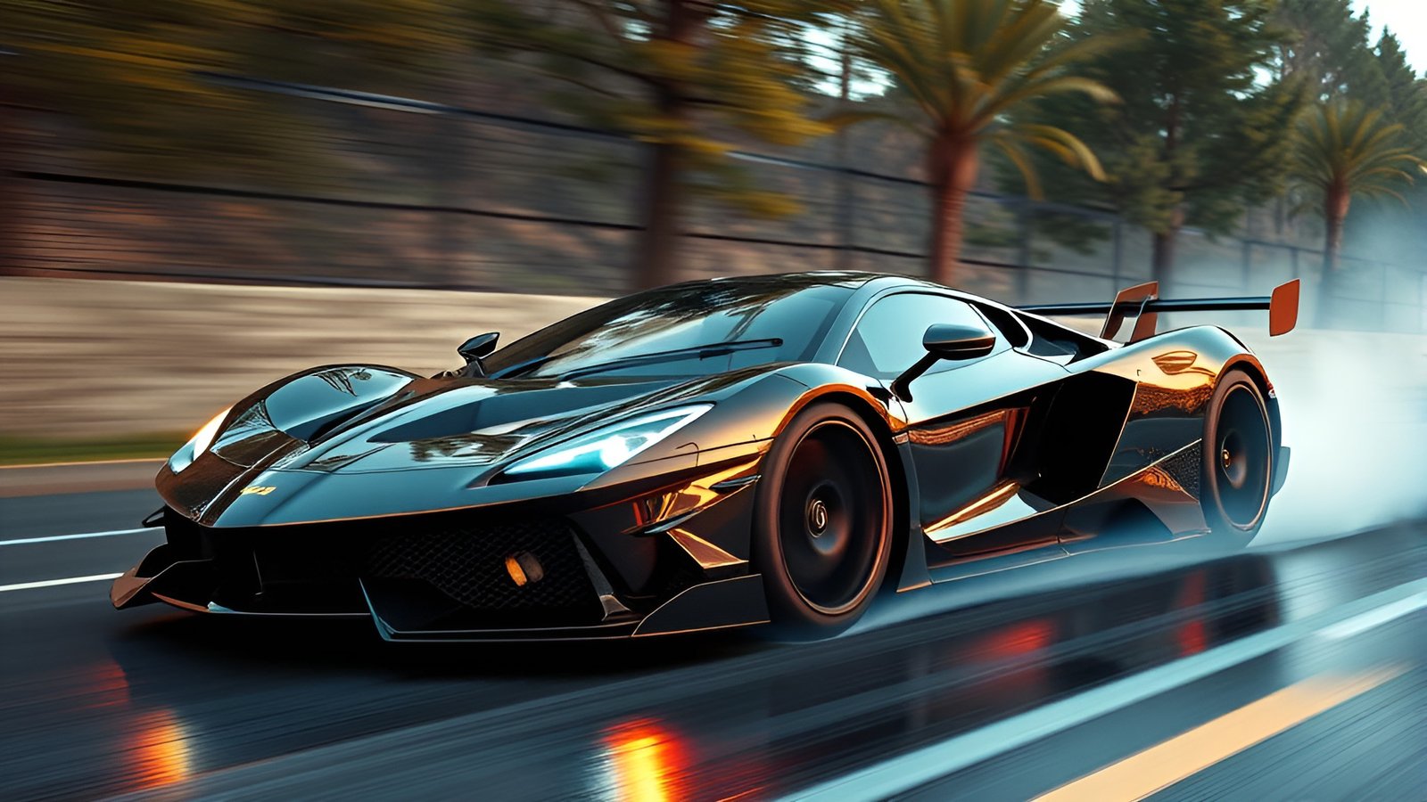 Black supercar racing on a wet road with palm trees and a motion blur