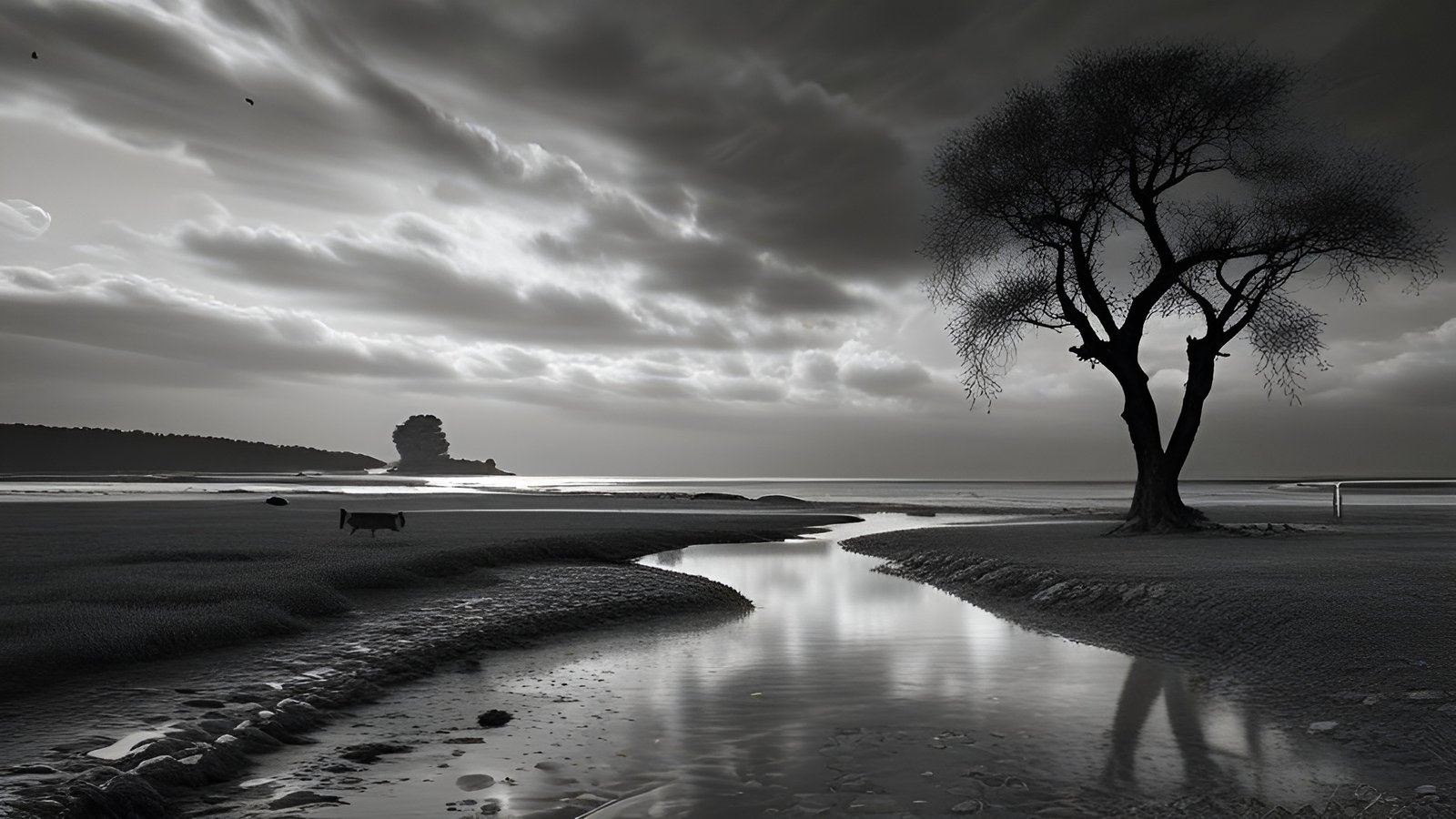 Black and white art landscape photo with tree by a winding water stream and distant rock