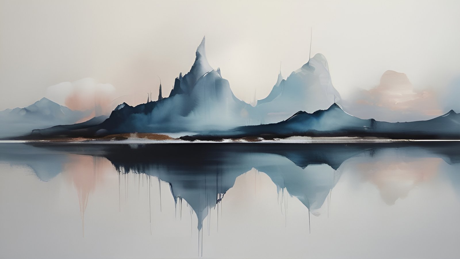 An abstract art of blue ink-wash mountain peaks over still water with dripping reflections, a pale sky, and peach clouds