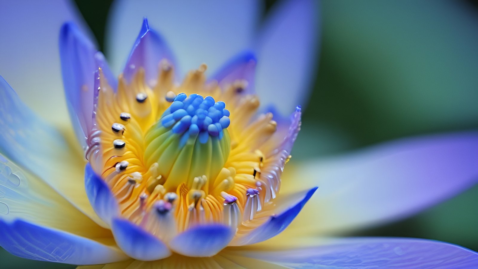 A floral photograph close-up of a blue nymphaea water lily with yellow stamens and a blue green center