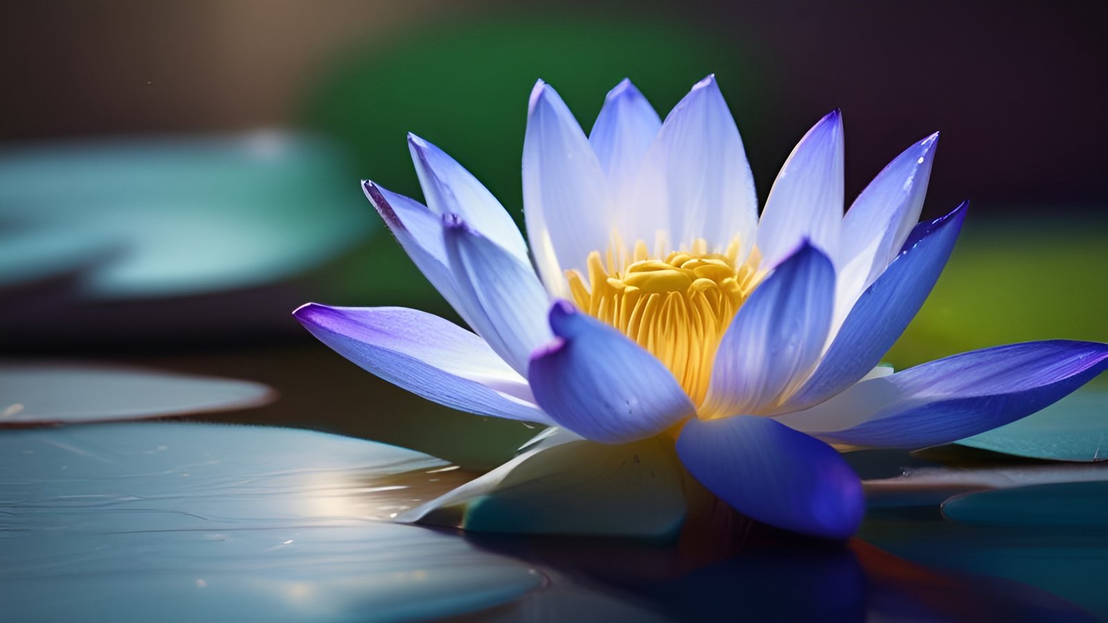 A floral photograph of a blue white water lily with a yellow center floating on pond water among lily pads