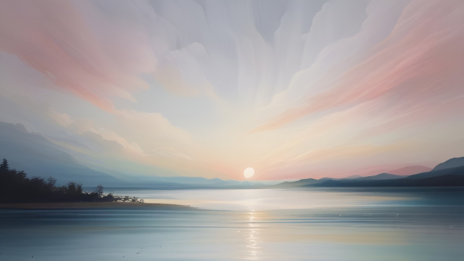 A watercolor painting style of a calm lake at dawn with a pale sun, pink and cream sky, distant blue hills, and a sun path on the water