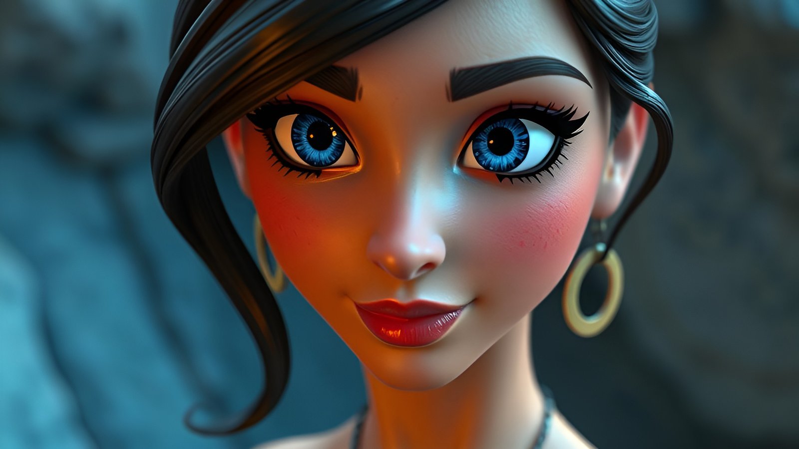 A cartoon girls face close-up with blue eyes and blushed cheeks in a 3D style
