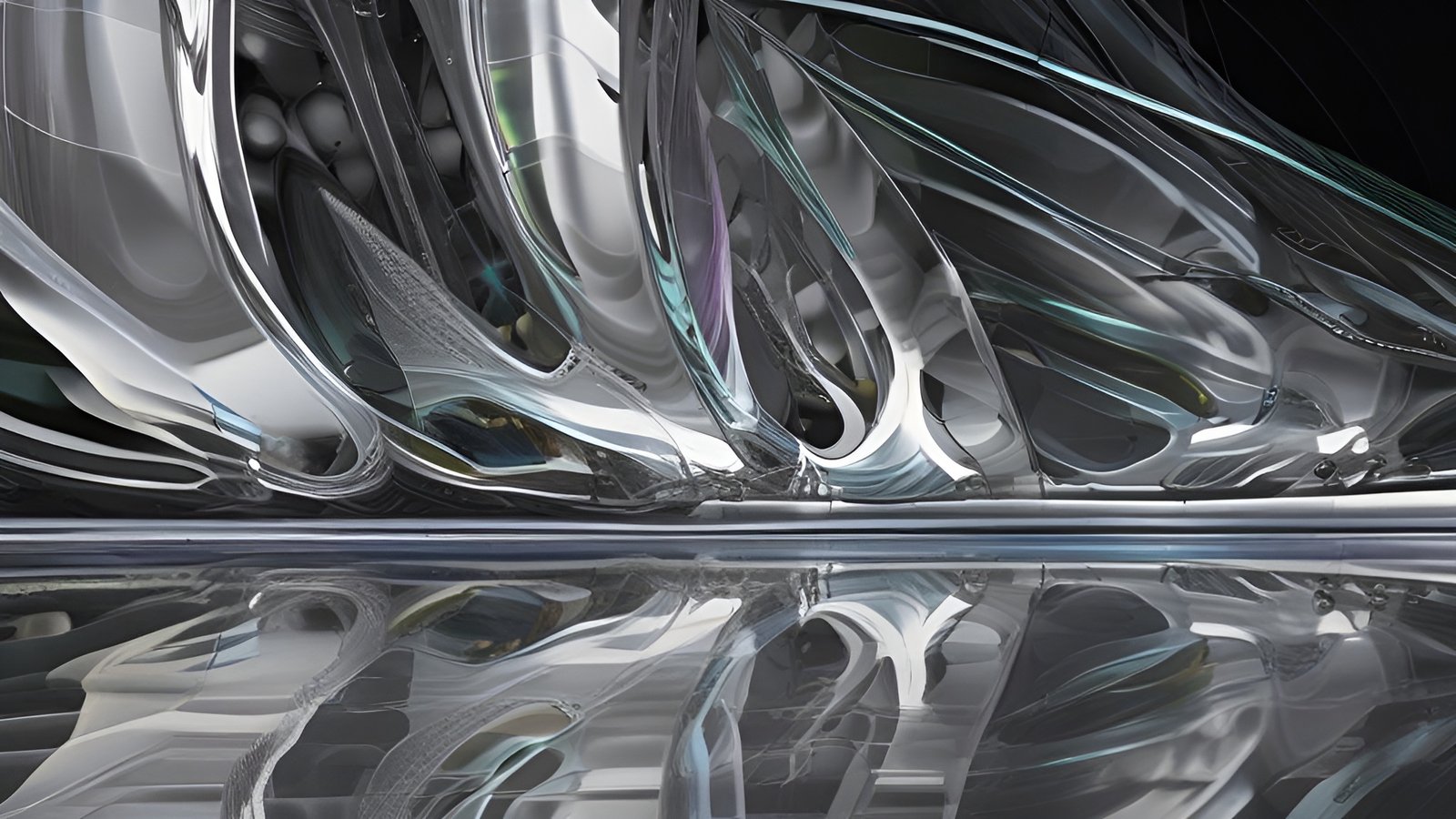 An abstract image of chrome and glass curves in silver teal and black over a mirrored floor