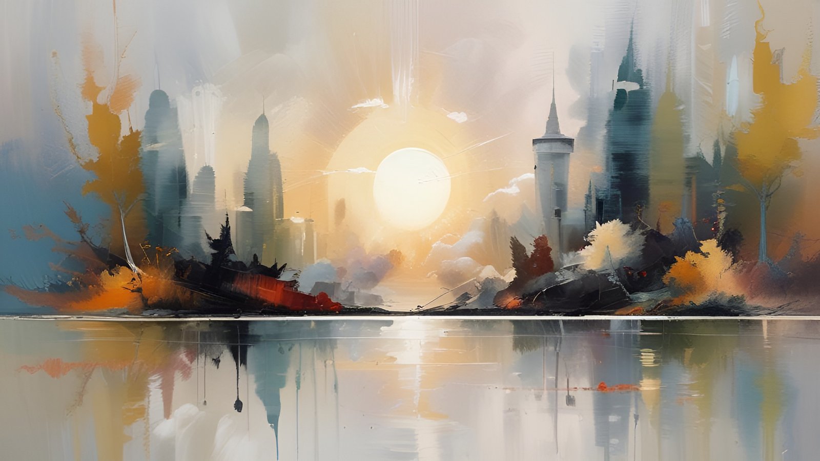 An oil painting style city skyline and round tower at sunrise over still water with gold trees