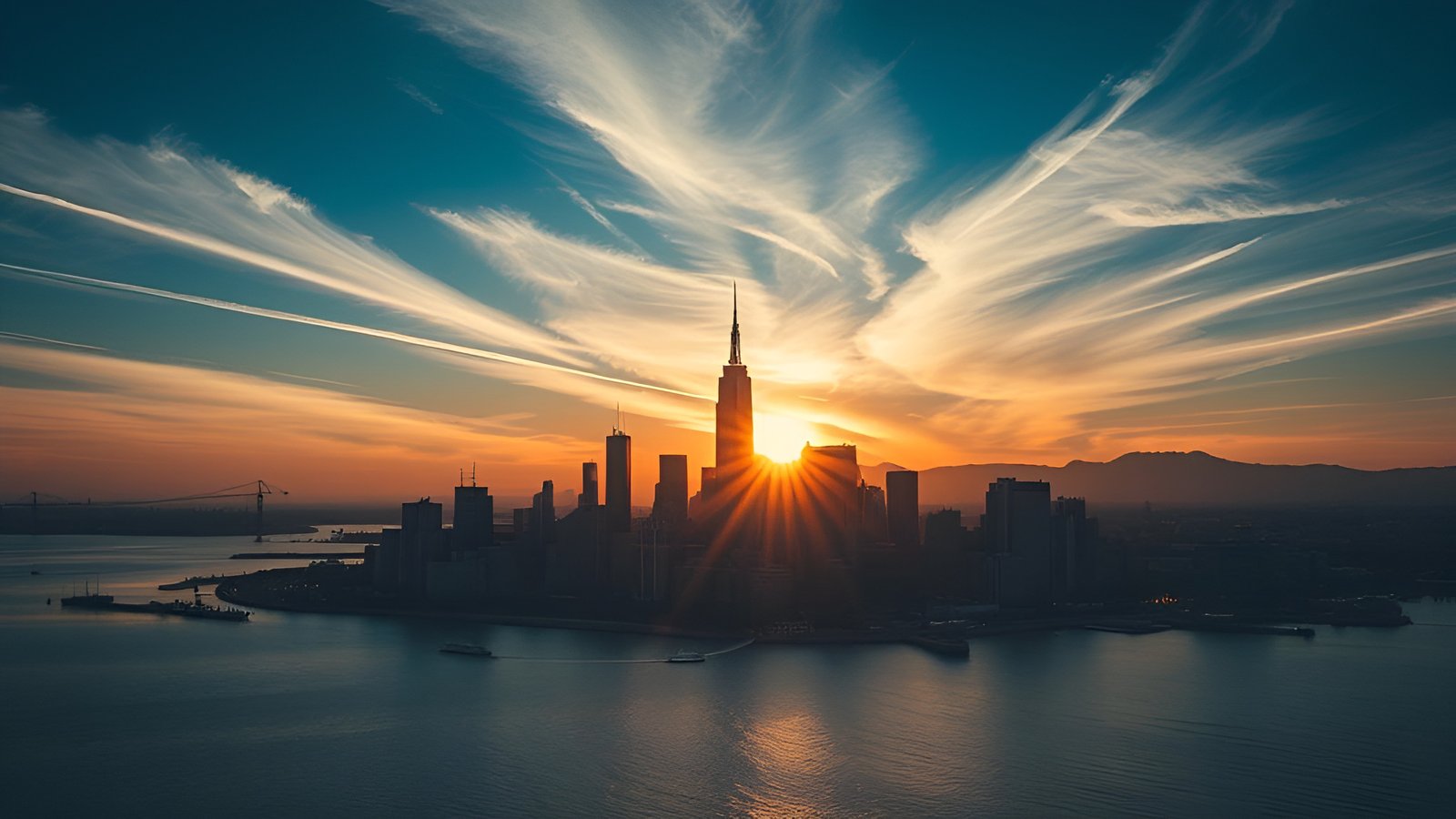 A creative photograph of a city skyline sunset with a sunburst behind a harbor spire