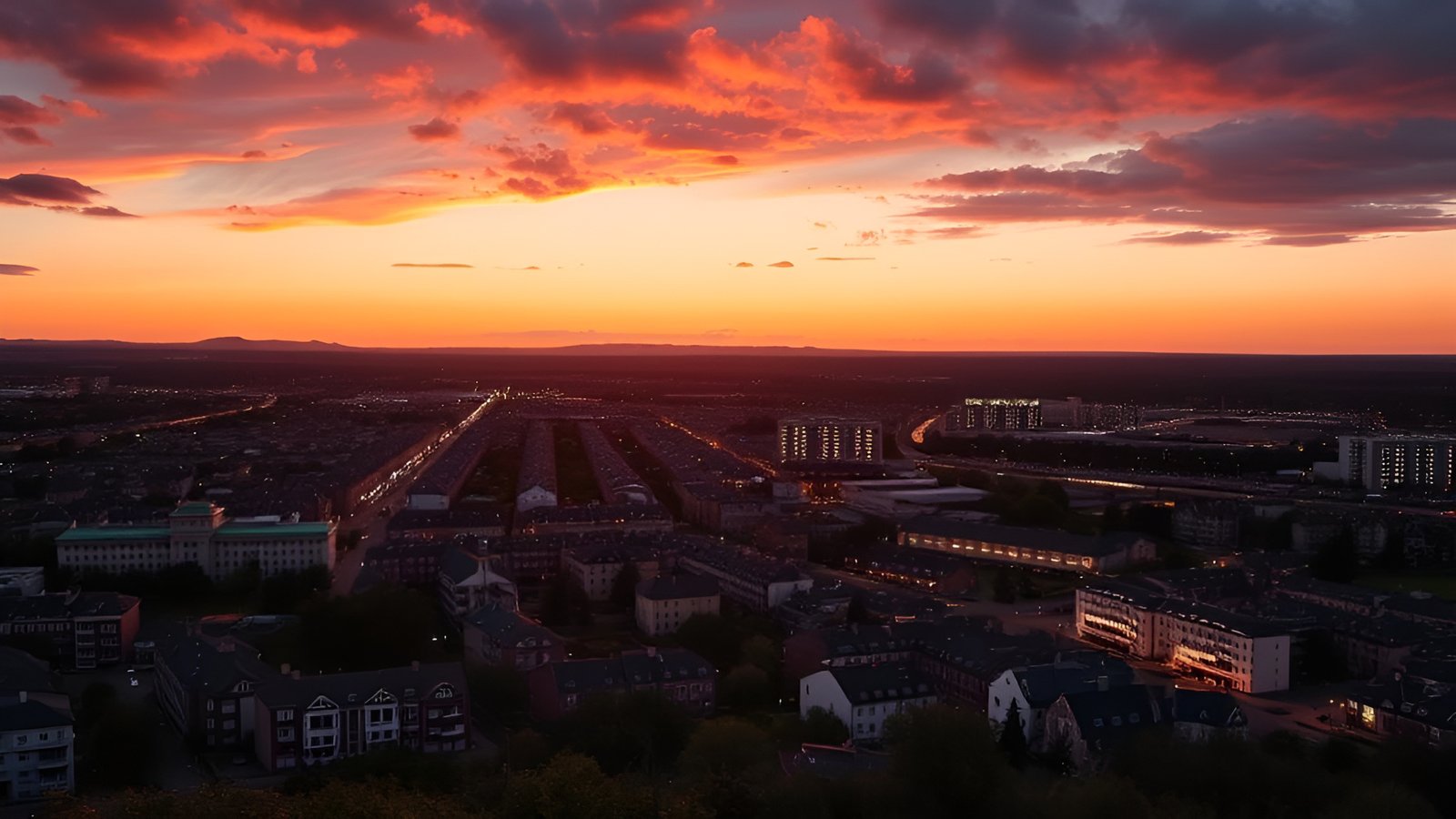 A creative photograph of a city at sunset with an orange sky over apartment roofs