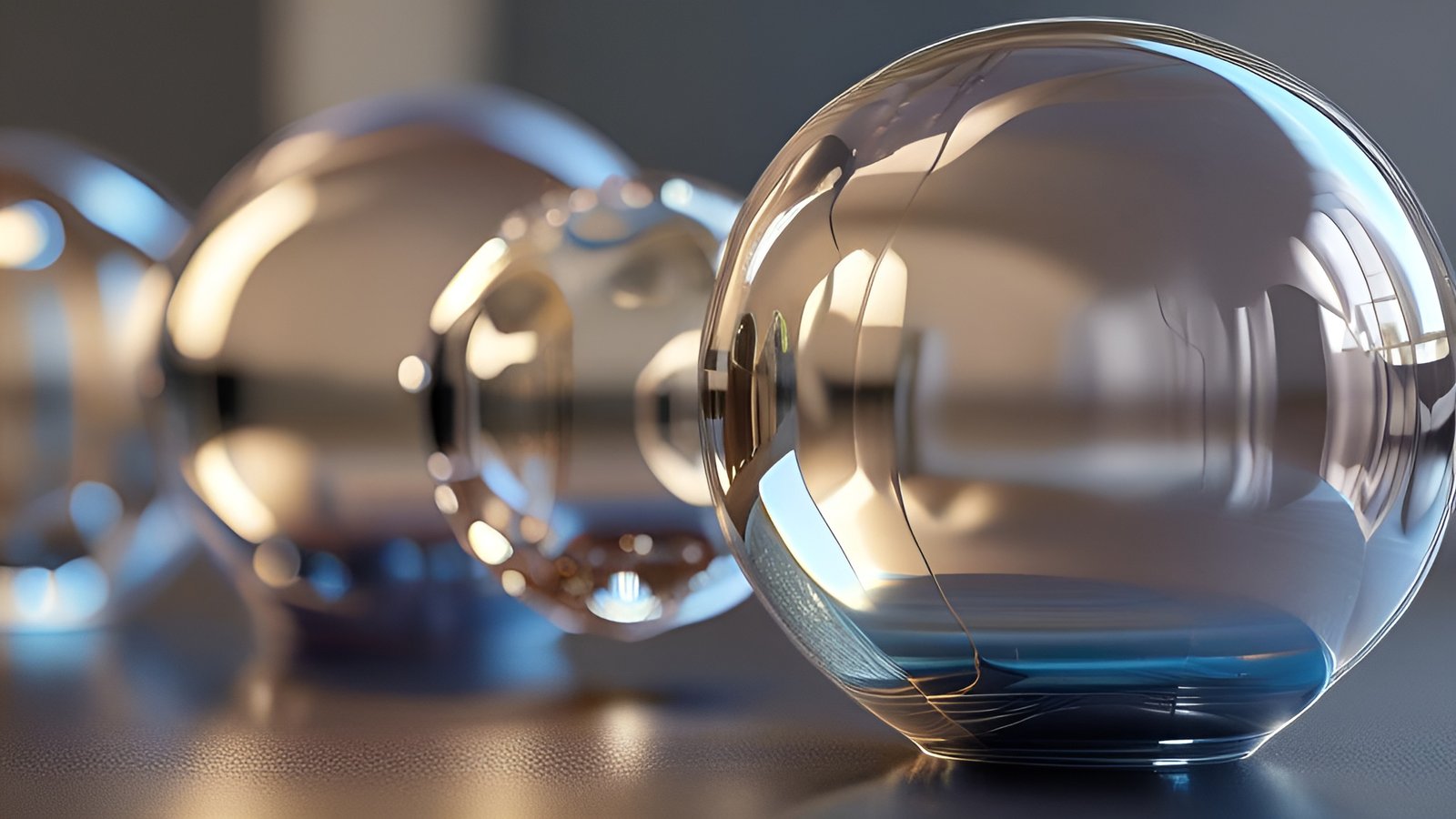 An abstract art row of clear glass orbs with amber highlights and a blue tinted base