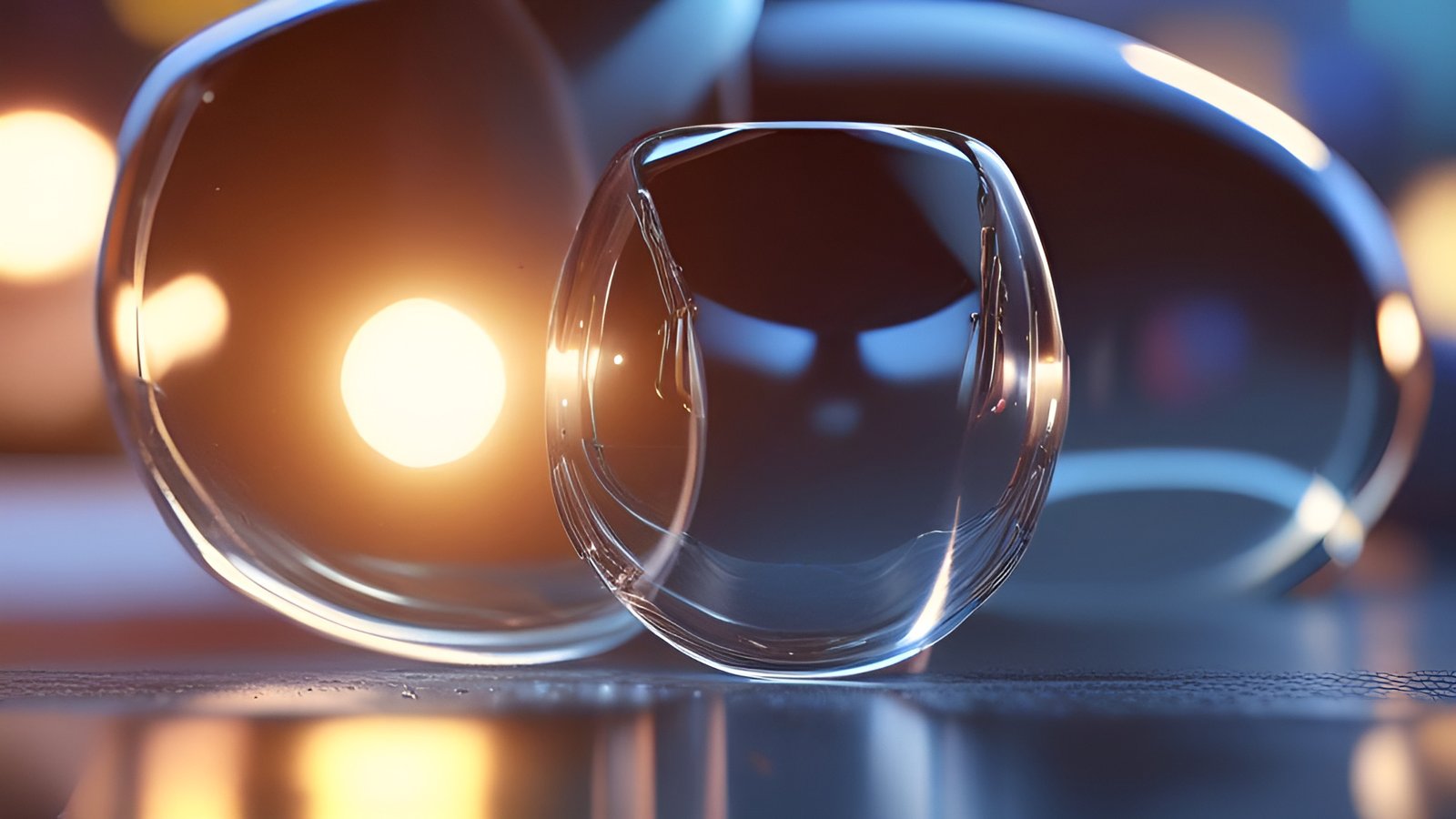 A 3d poster art of clear glass oval lenses catching amber and blue light on a dark table