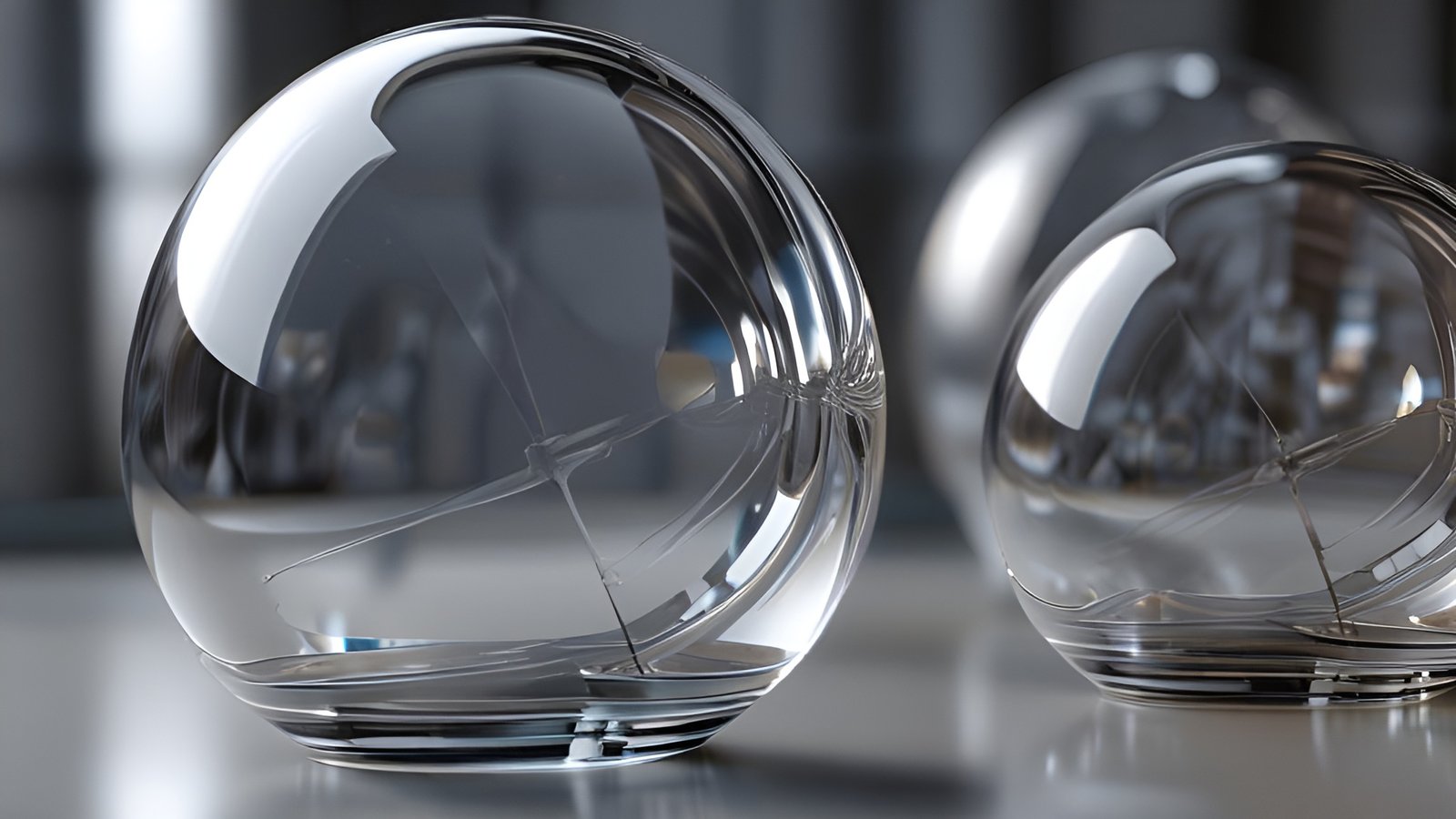 An abstract art of clear glass spheres with internal thread filaments on a white table
