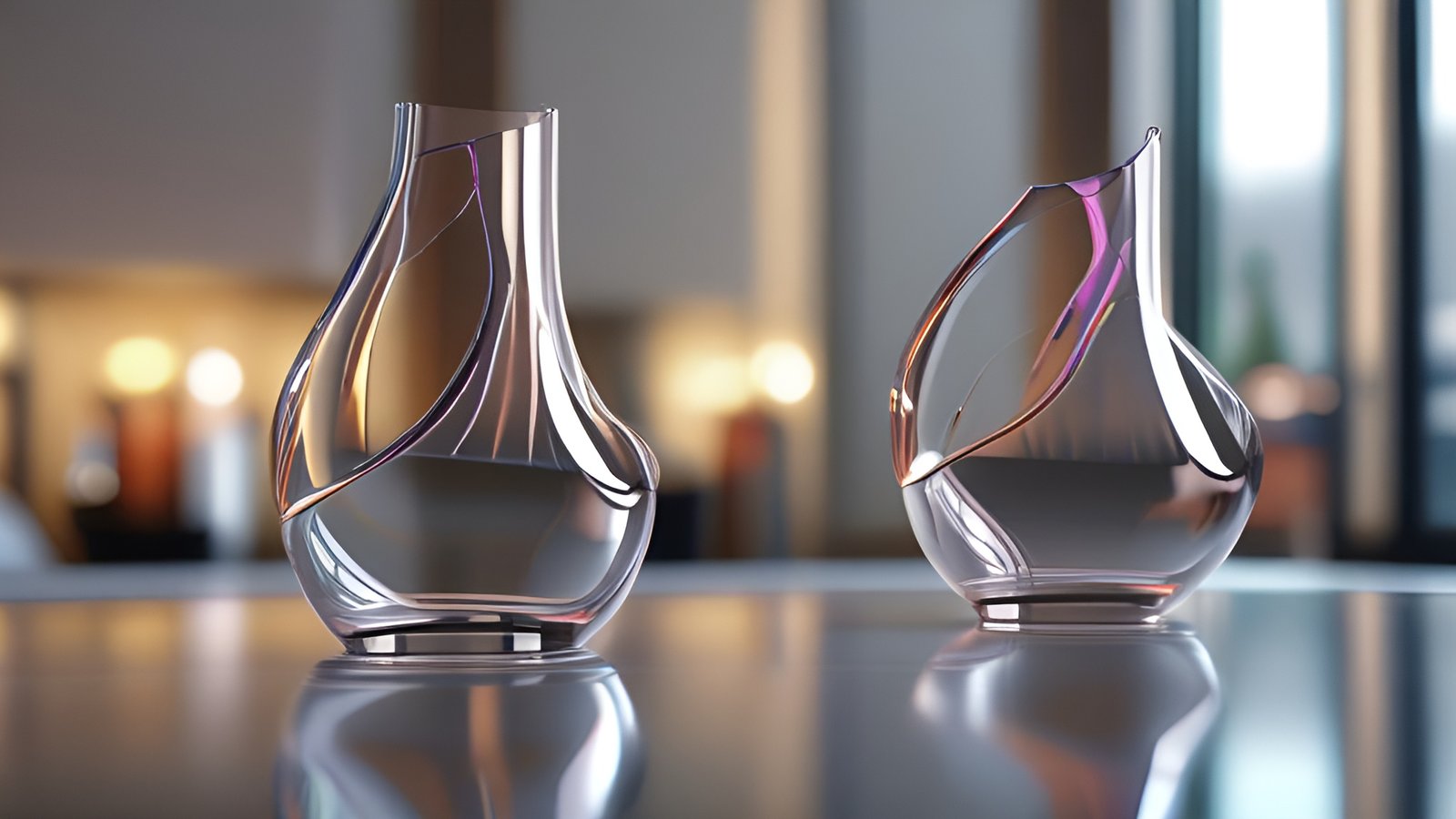 Modern art with two clear glass vases on a table with reflections