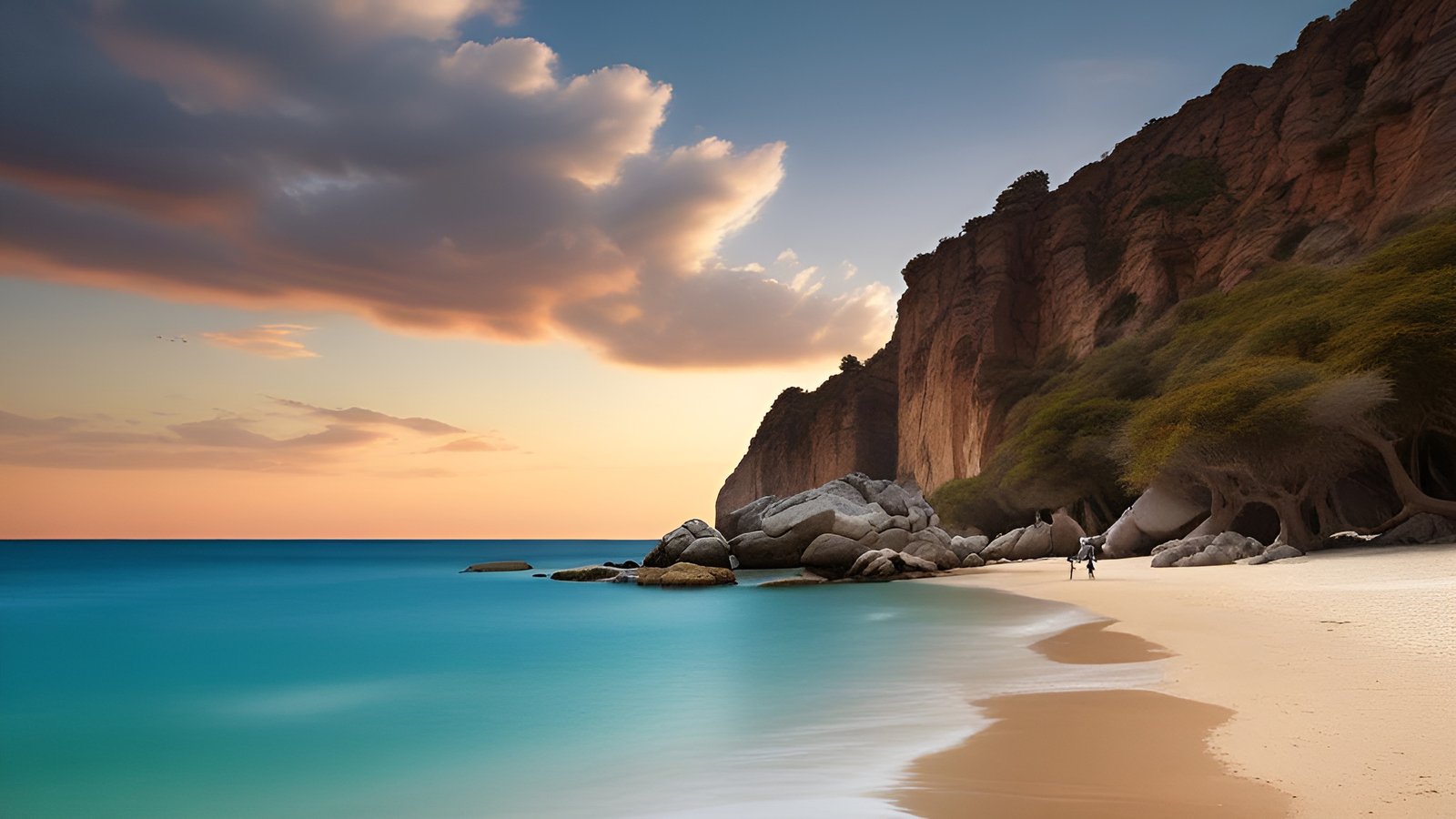 Cliffside beach with granite boulders and person walking on sand at sunset