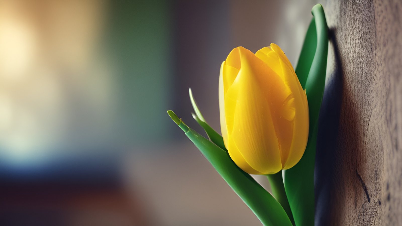 A floral photograph of a closed yellow tulip with long green leaves against a textured brown wall