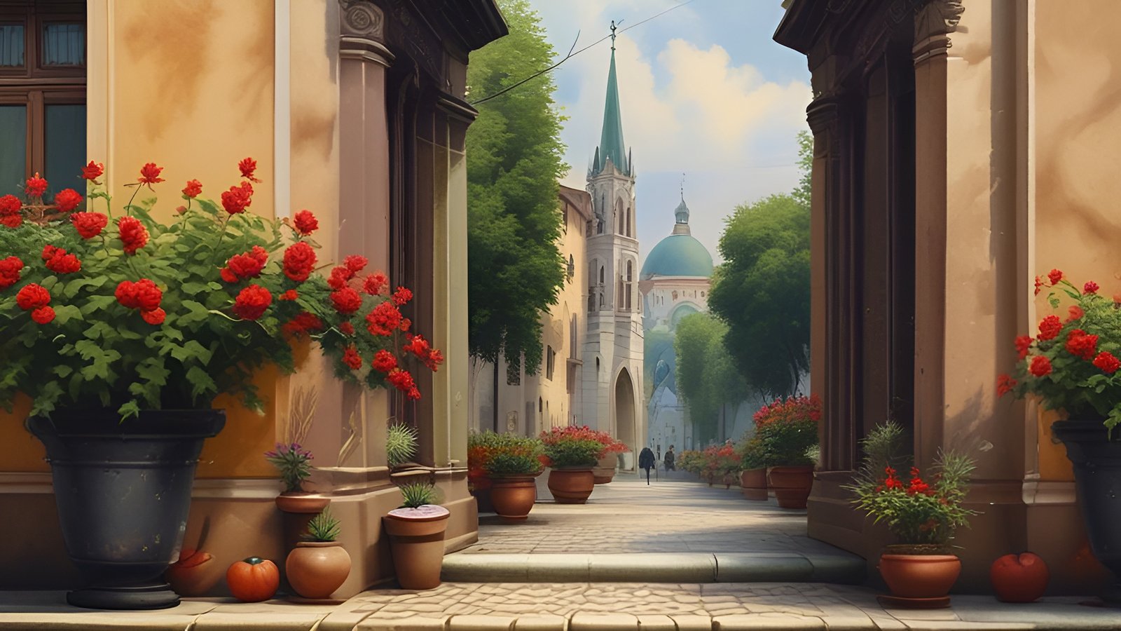 An oil painting style cobblestone street with red geranium pots, peach walls, and a church with a green spire and blue dome