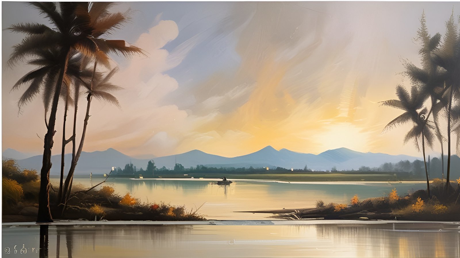 An oil painting style of coconut palms beside a still lake with a small boat, distant mountains, and a gold sky